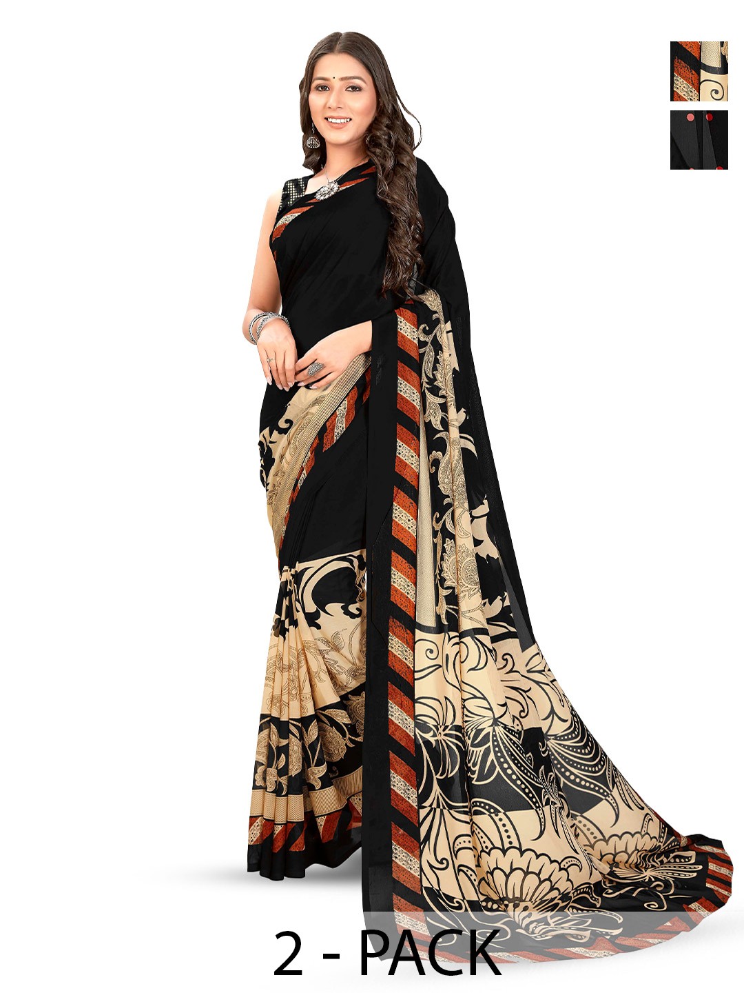 

ANAND SAREES Selection Of 2 Polka Dot Printed Sarees, Black