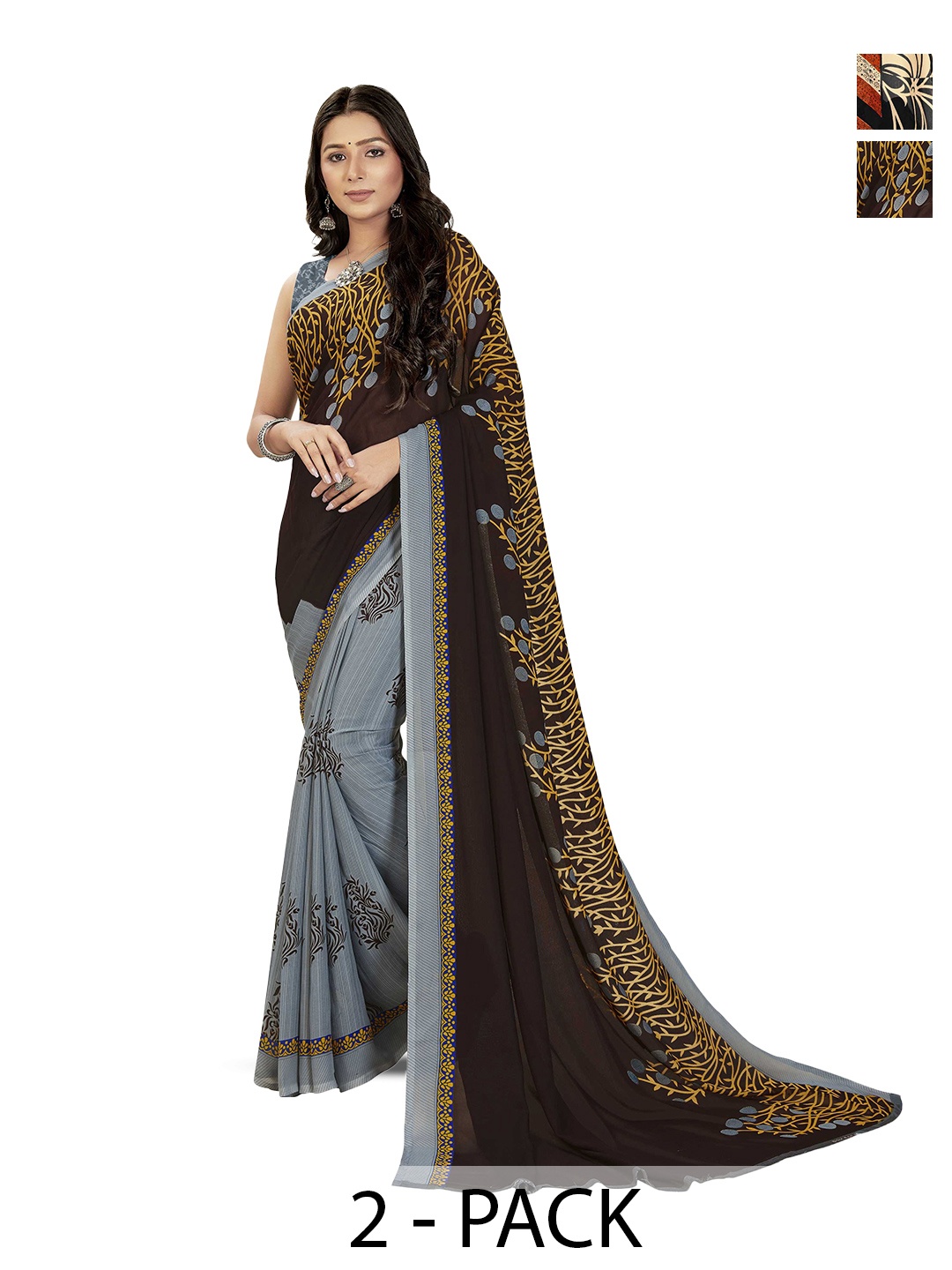 

ANAND SAREES Selection Of 2 Floral Printed Sarees, Grey