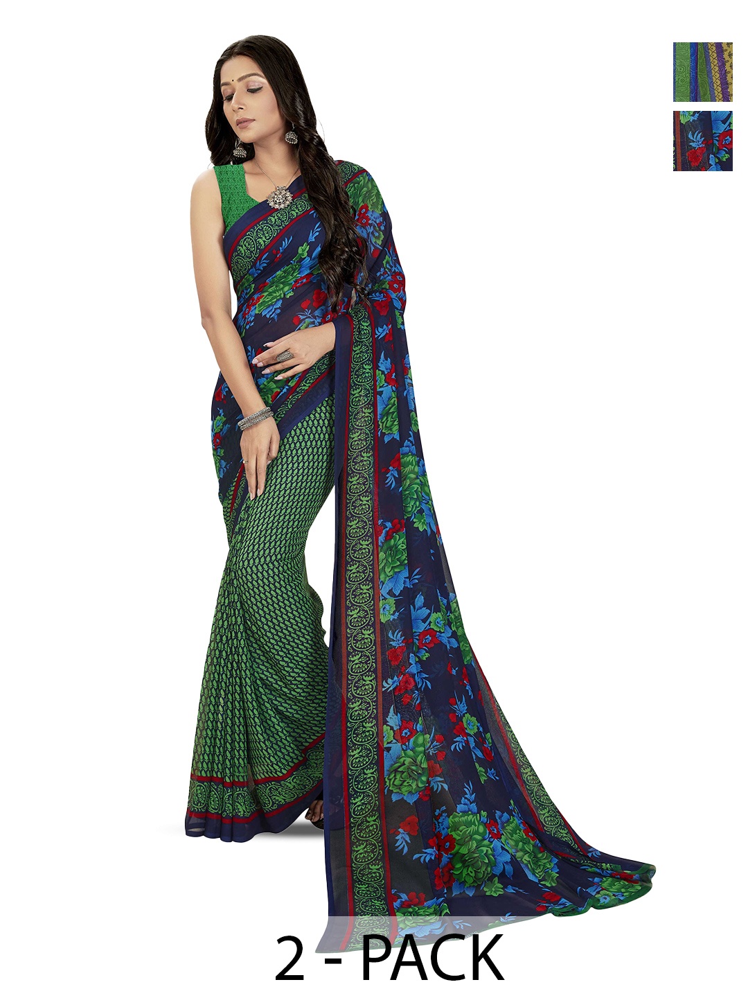 

ANAND SAREES Selection of 2 Floral Printed Half and Half Sarees, Green