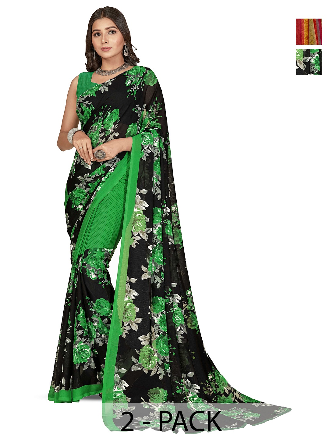 

ANAND SAREES Pack of-2 Floral Printed Saree, Green