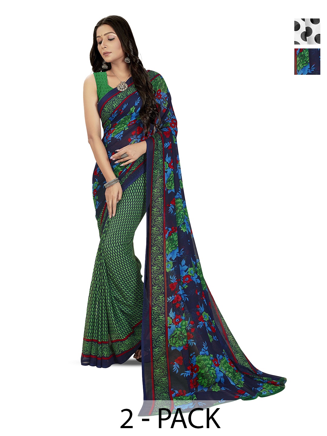 

ANAND SAREES Selection of 2 Printed Sarees, Black