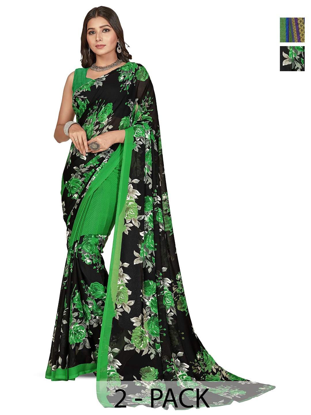 

ANAND SAREES Selection Of 2 Floral Printed Saree, Green