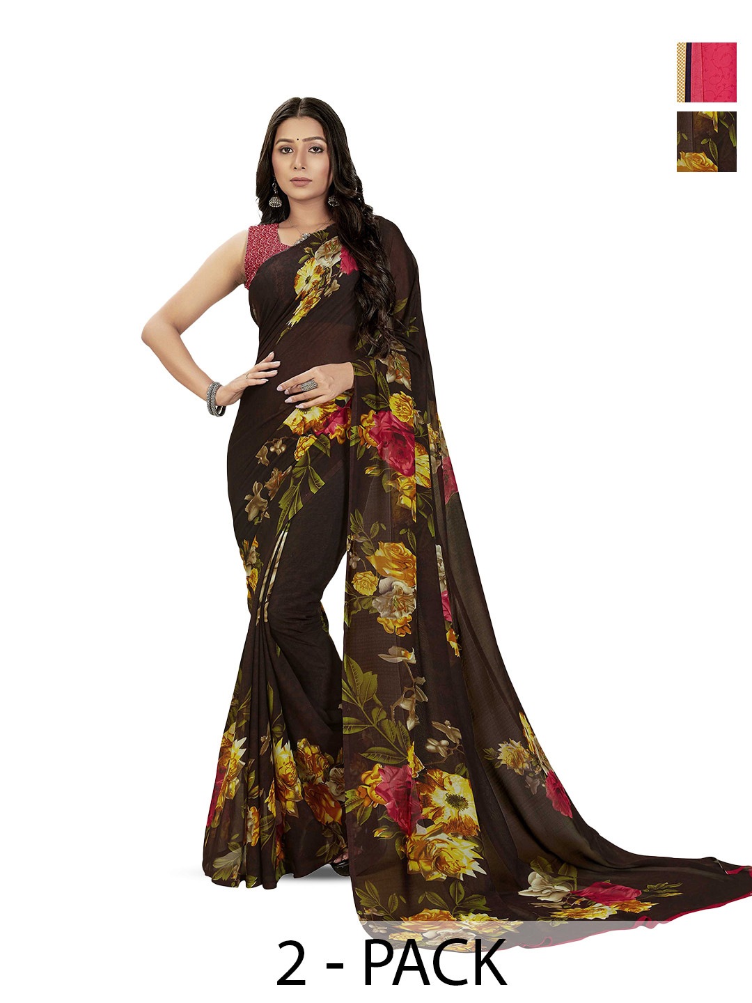 

ANAND SAREES Selection of 2 Floral Printed Sarees, Black