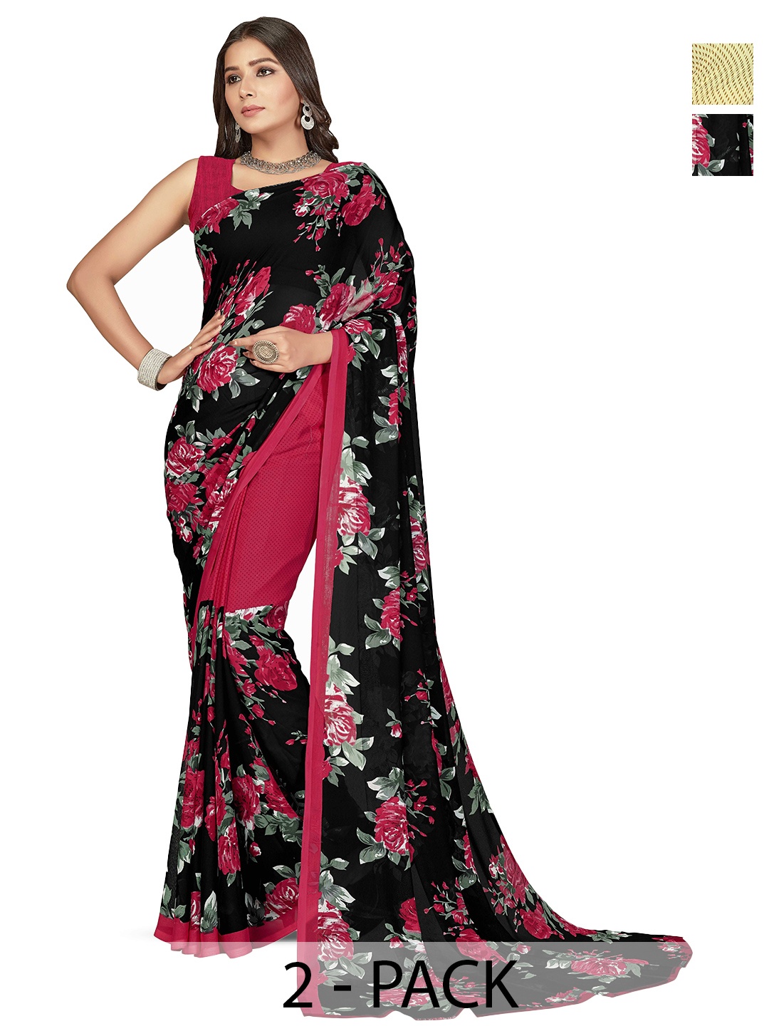 

ANAND SAREES Selection of 2 Floral Printed Sarees, Black