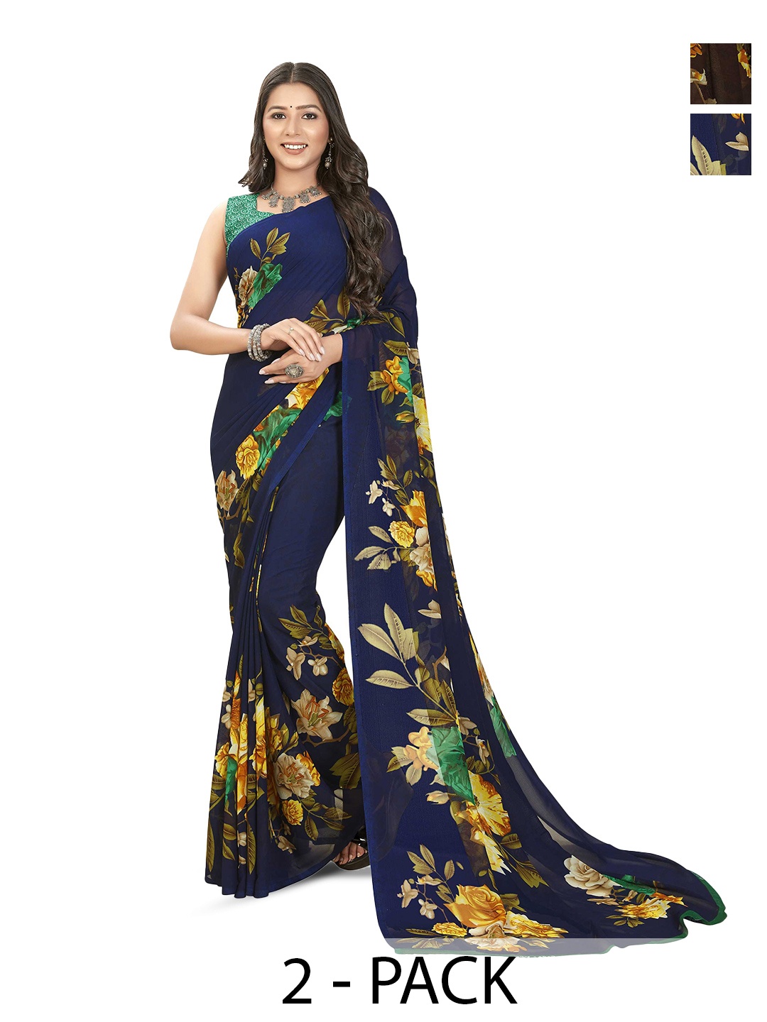

ANAND SAREES Selection of 2 Printed Sarees, Navy blue