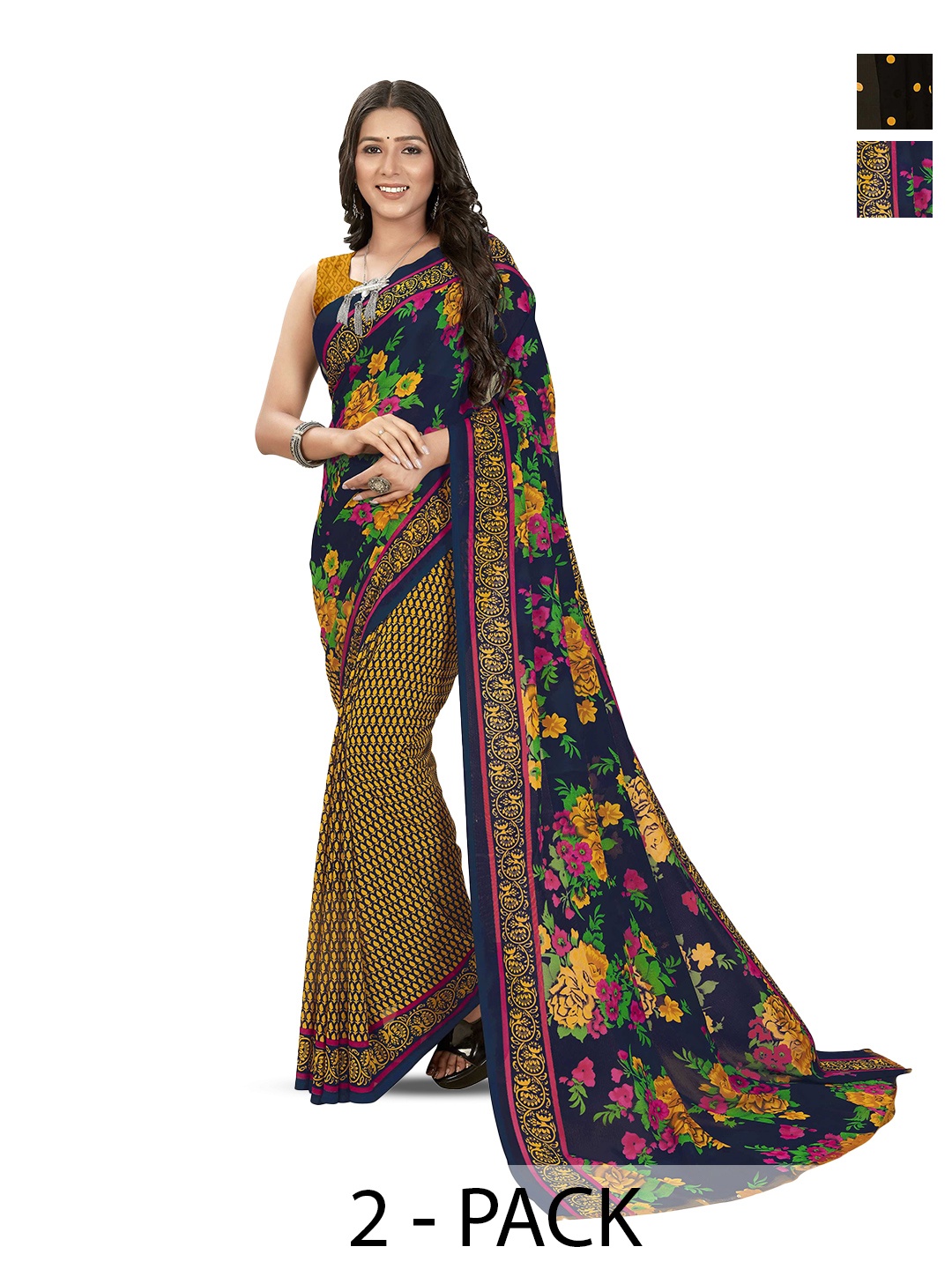 

ANAND SAREES Selection of 2 Floral Printed Sarees, Navy blue