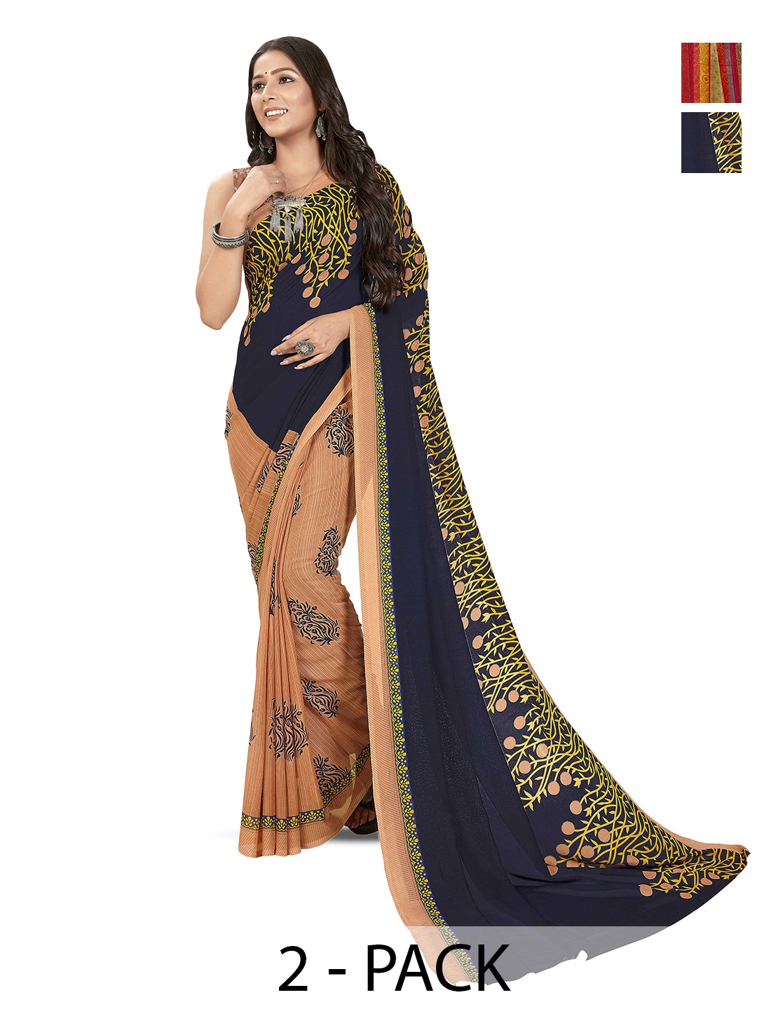 

ANAND SAREES Selection of 2 Floral Printed Sarees, Peach