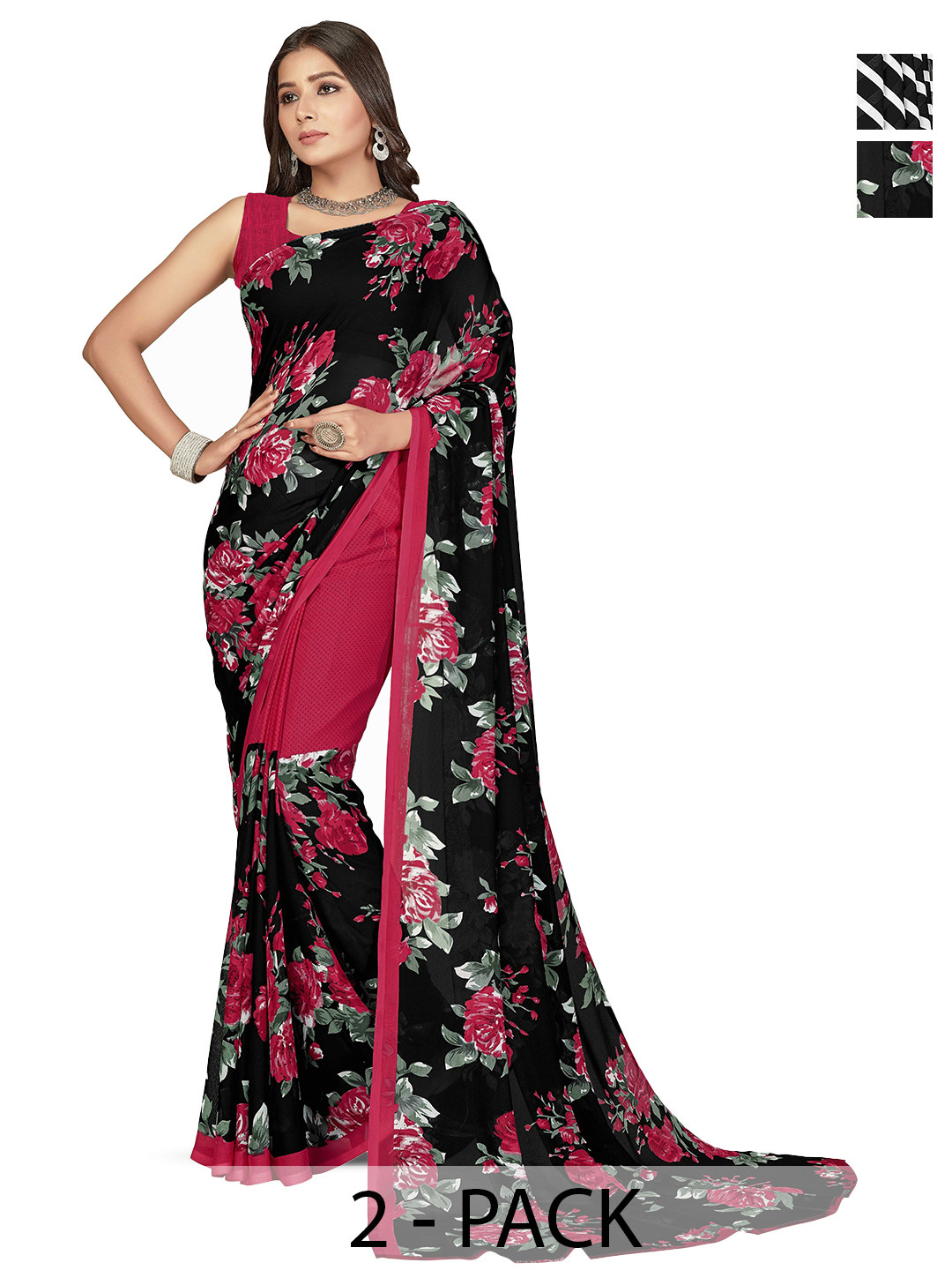 

ANAND SAREES Selection Of 2 Floral Printed Saree, Black