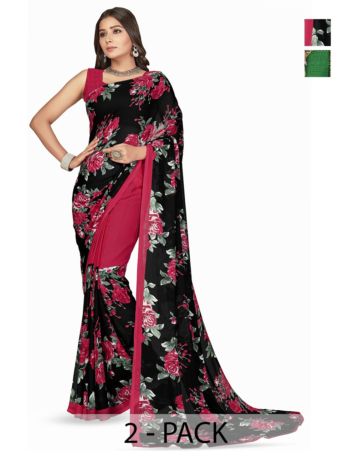 

ANAND SAREES Selection Of 2 Printed Saree, Green