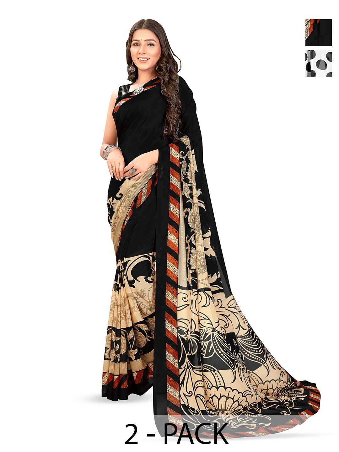 

ANAND SAREES Selection Of 2 Polka Dots Printed Sarees, Black