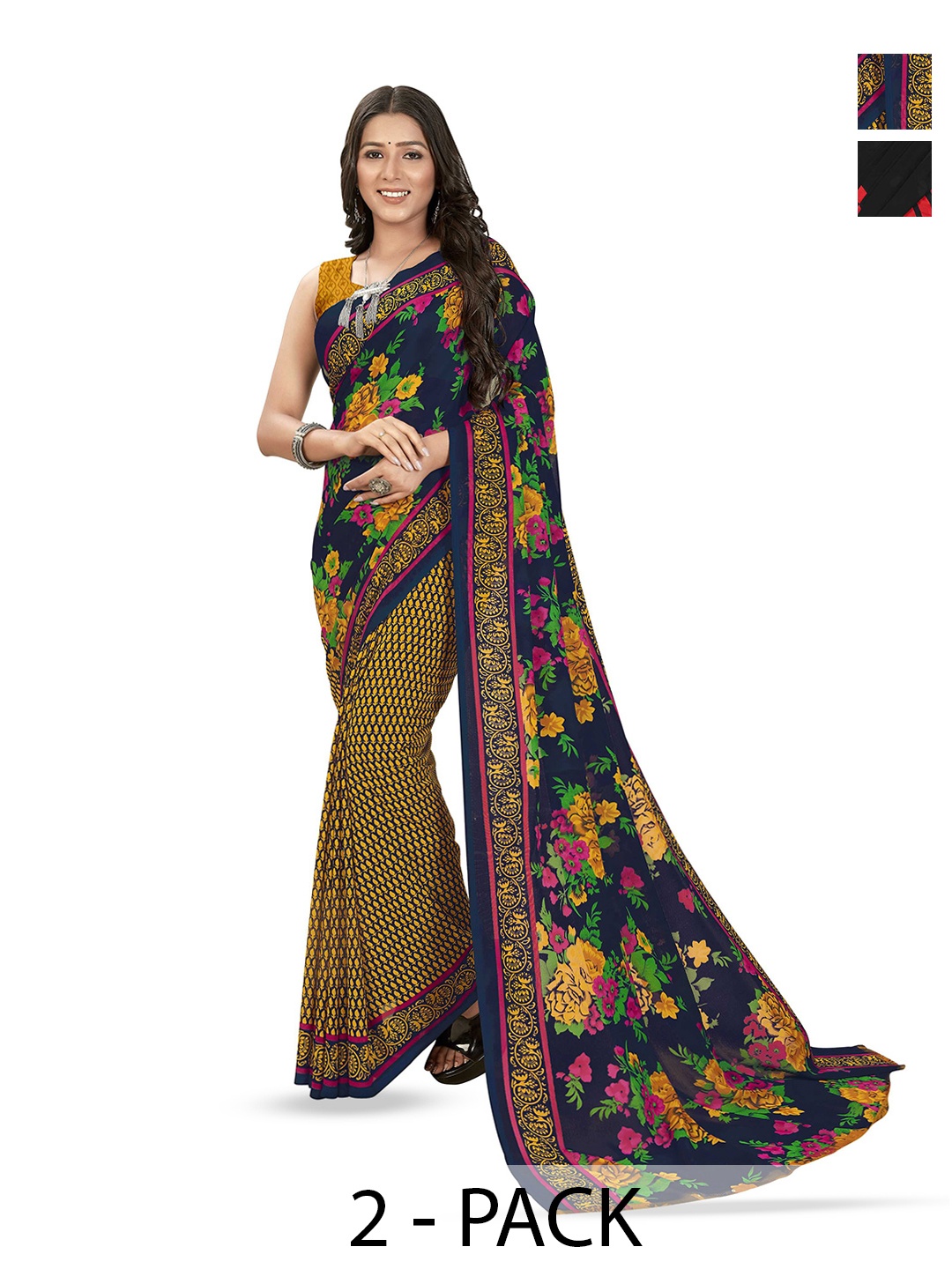 

ANAND SAREES Selection Of 2 Floral Printed Saree, Blue