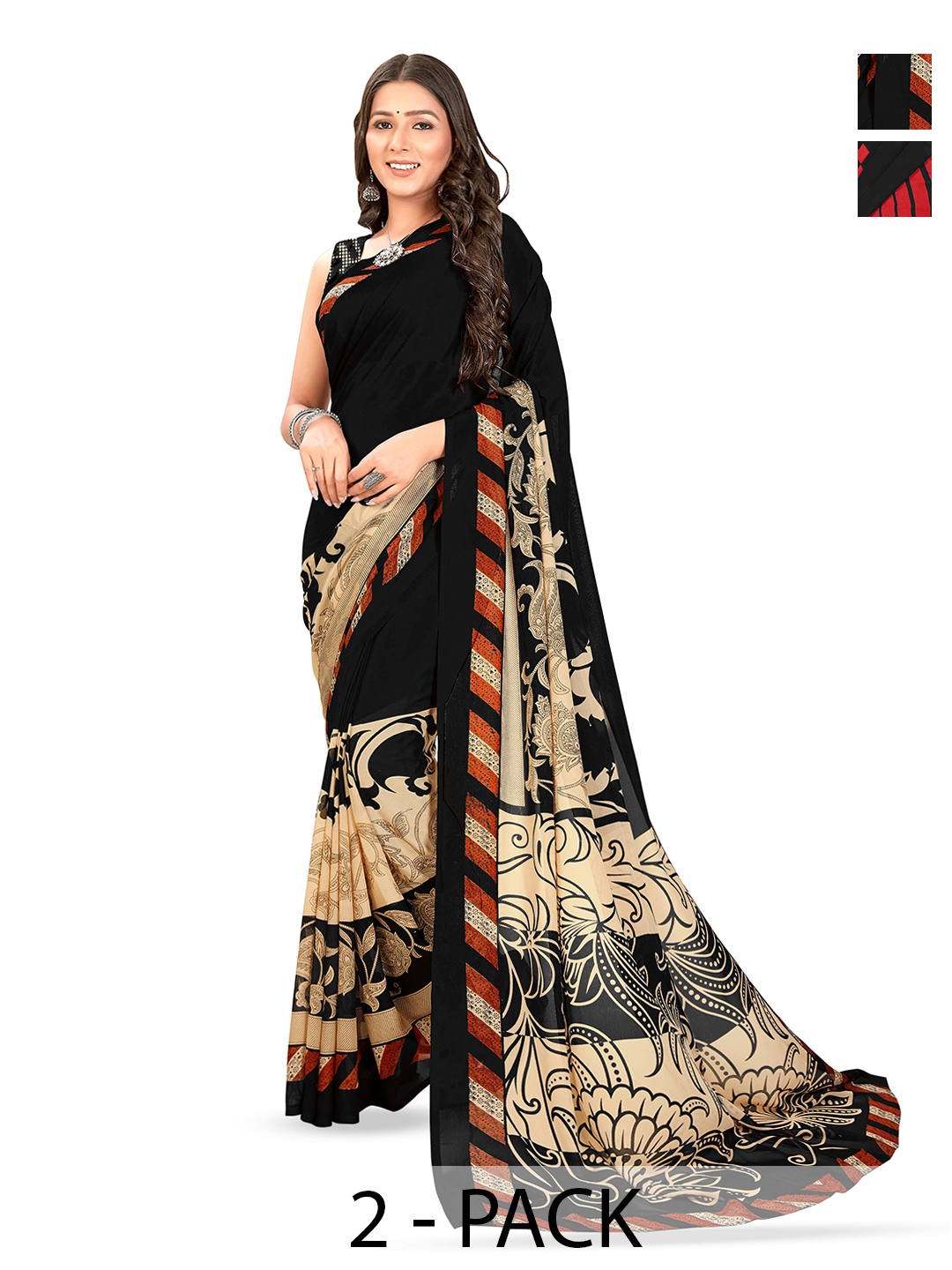 

ANAND SAREES Selection of 2 Polka Dot Printed Sarees, Black