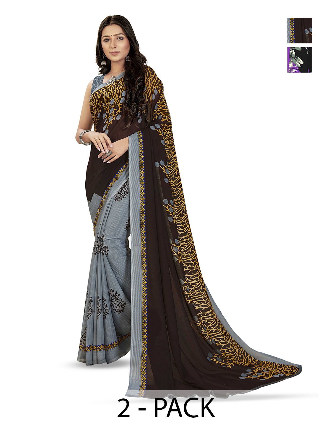 

ANAND SAREES Pack of-2 Floral Printed Saree, Black