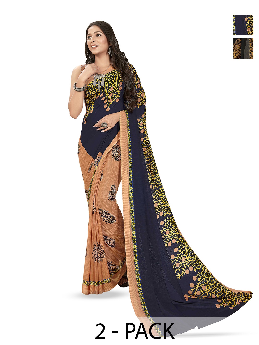 

ANAND SAREES Pack of-2 Floral Saree, Brown