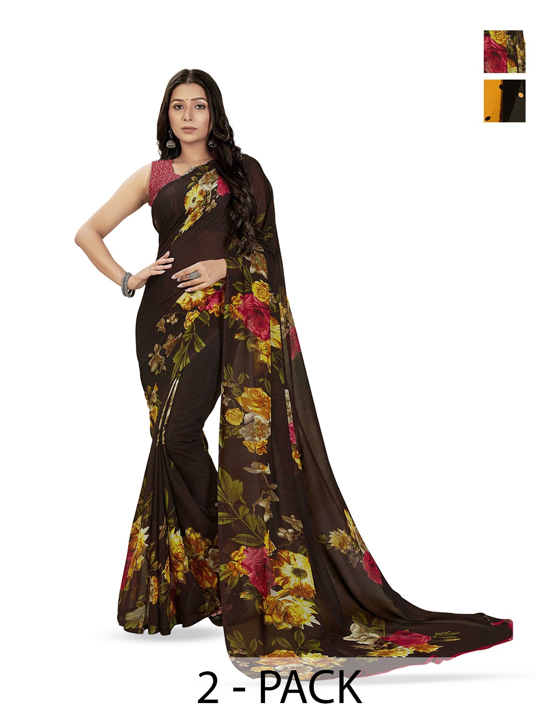 

ANAND SAREES Floral Poly Georgette Half and Half Saree, Yellow