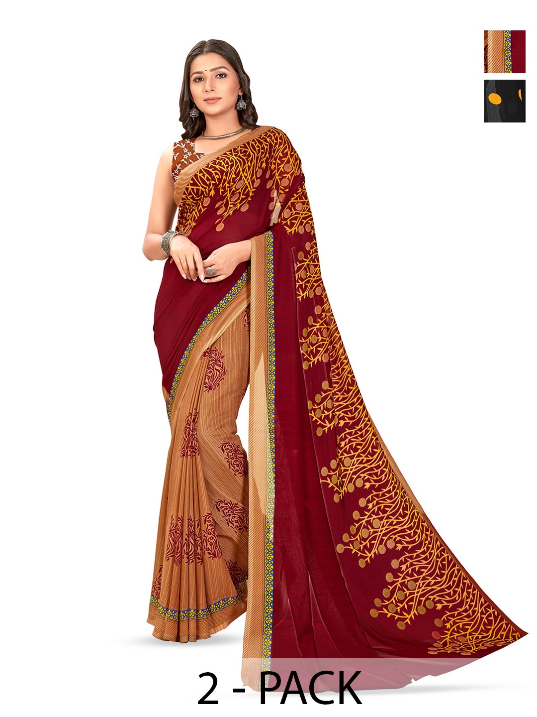 

ANAND SAREES Selection Of 2 Polka Dots Printed Saree, Beige