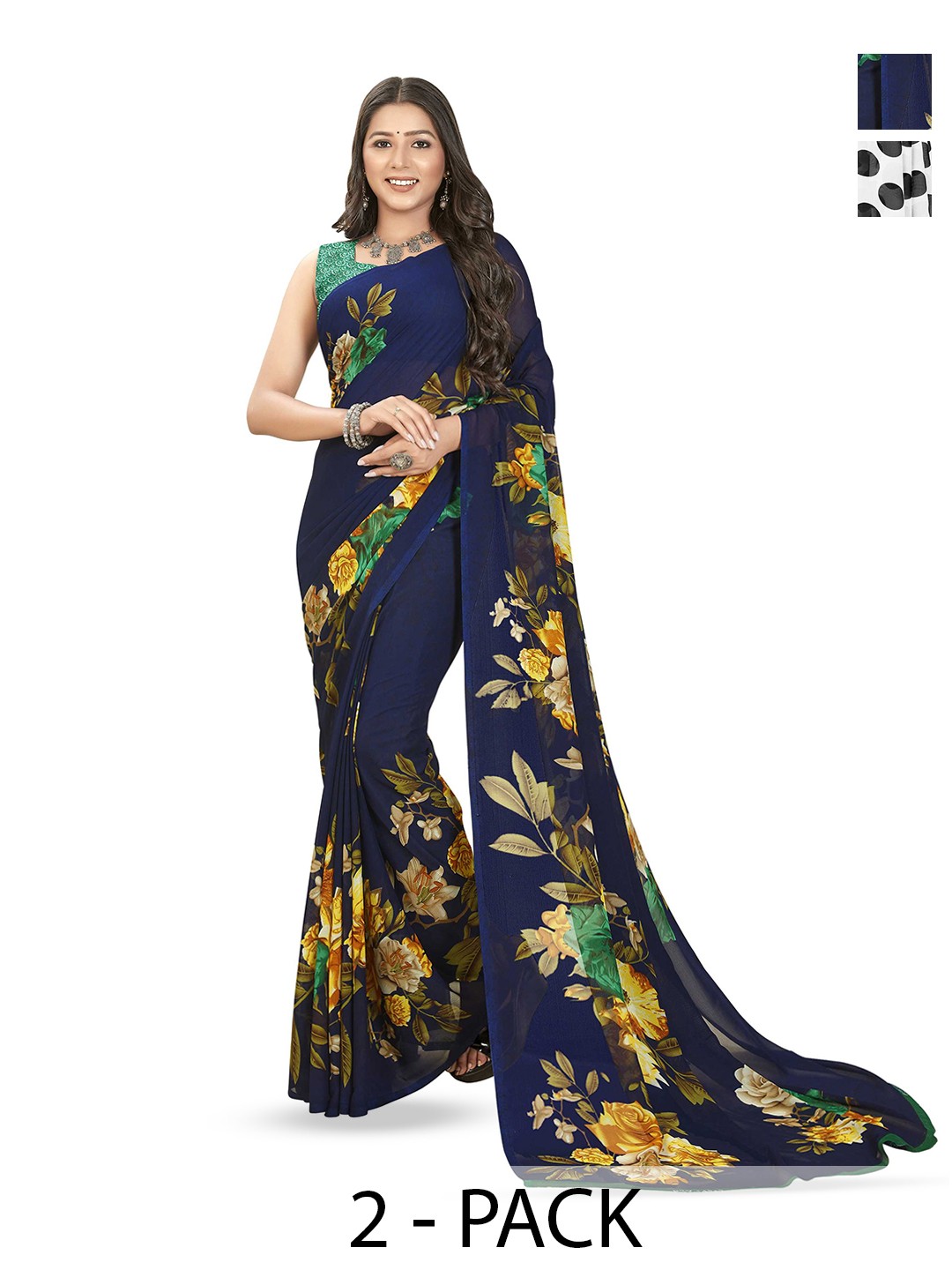 

ANAND SAREES Selection Of 2 Floral Printed Saree, White