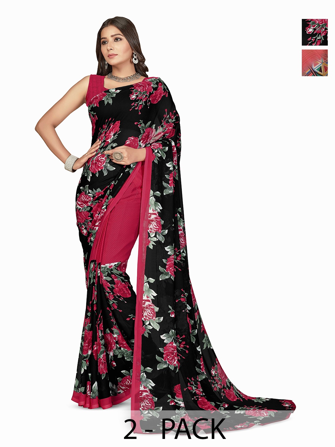 

ANAND SAREES Selection of 2 Floral Printed Sarees, Black