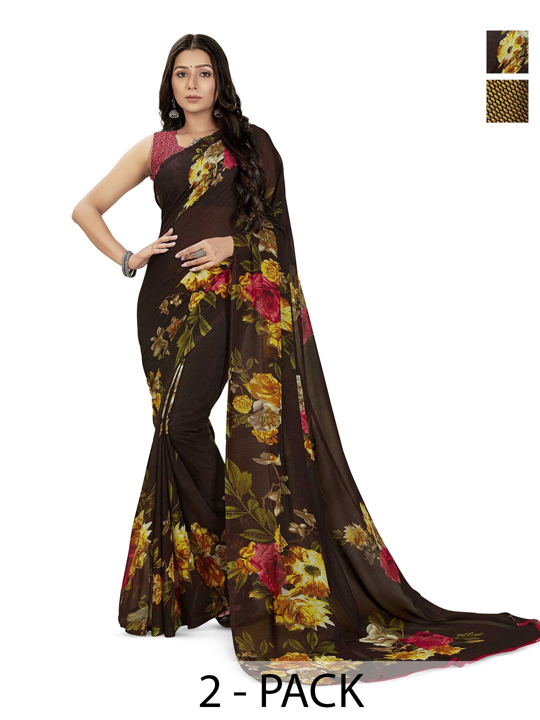 

ANAND SAREES Selection Of 2 Floral Printed Sarees, Black
