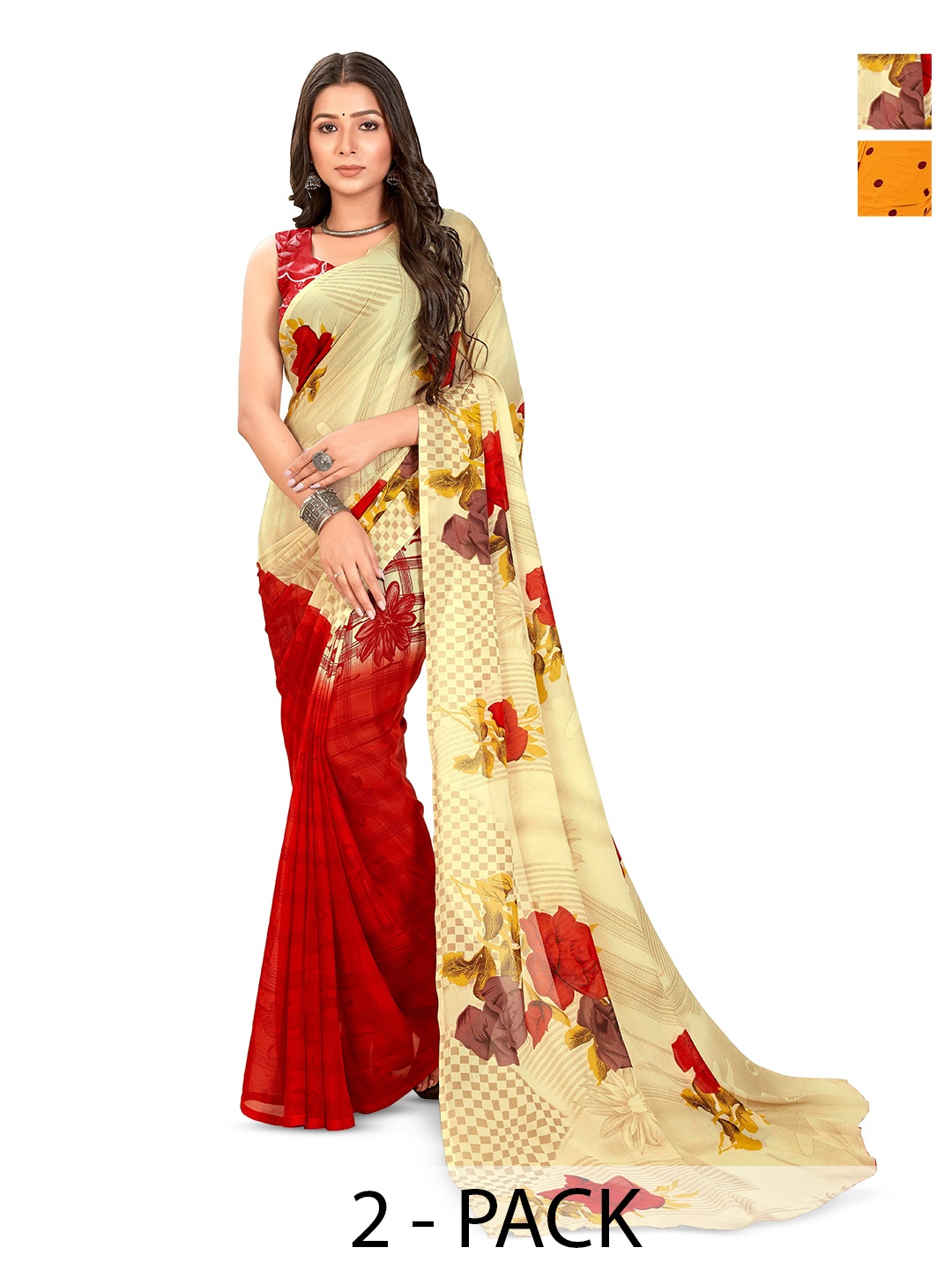 

ANAND SAREES Selection Of 2 Floral Printed Sarees, Yellow
