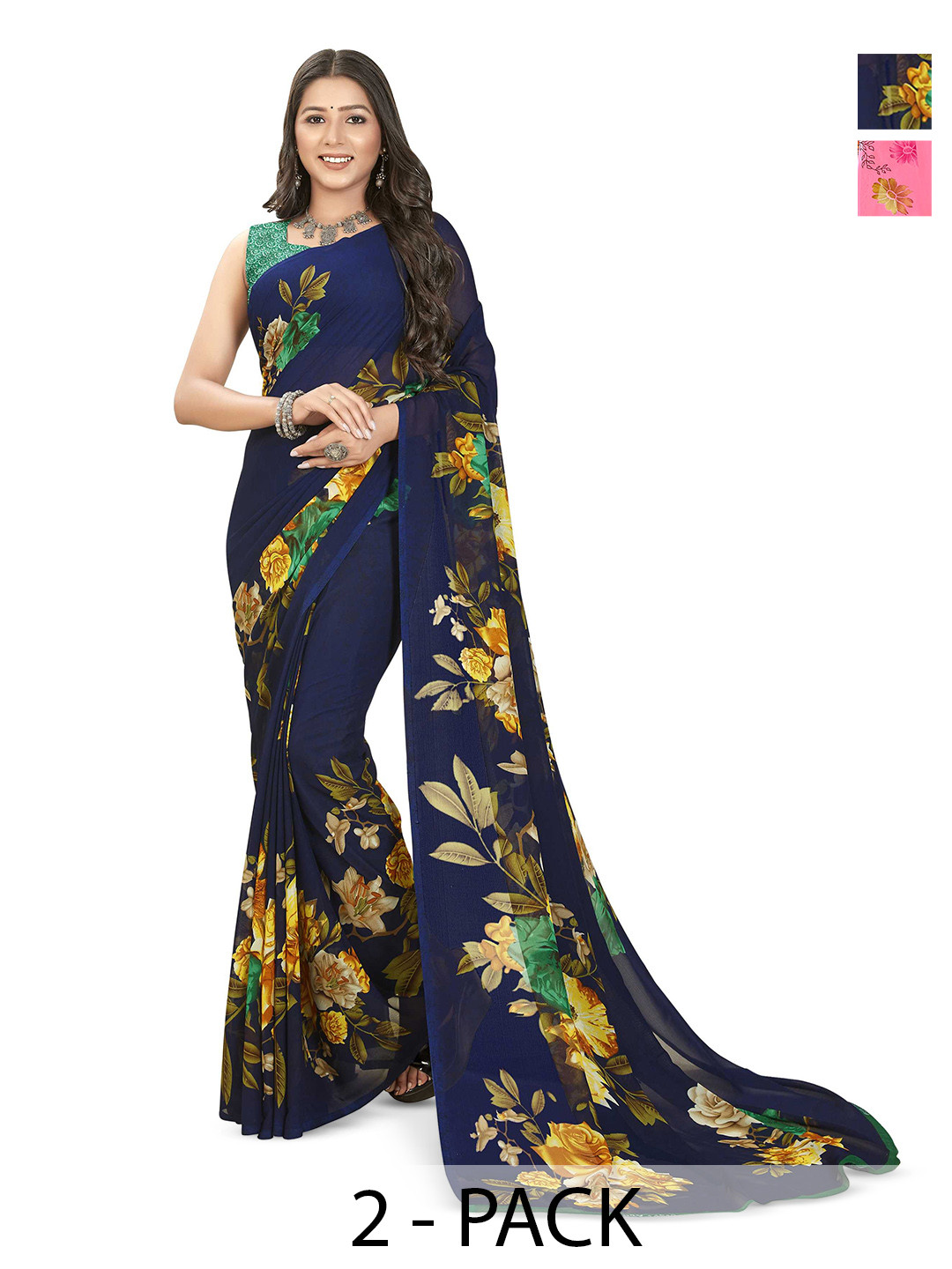 

ANAND SAREES Pack Of 2 Floral Printed Sarees, Pink