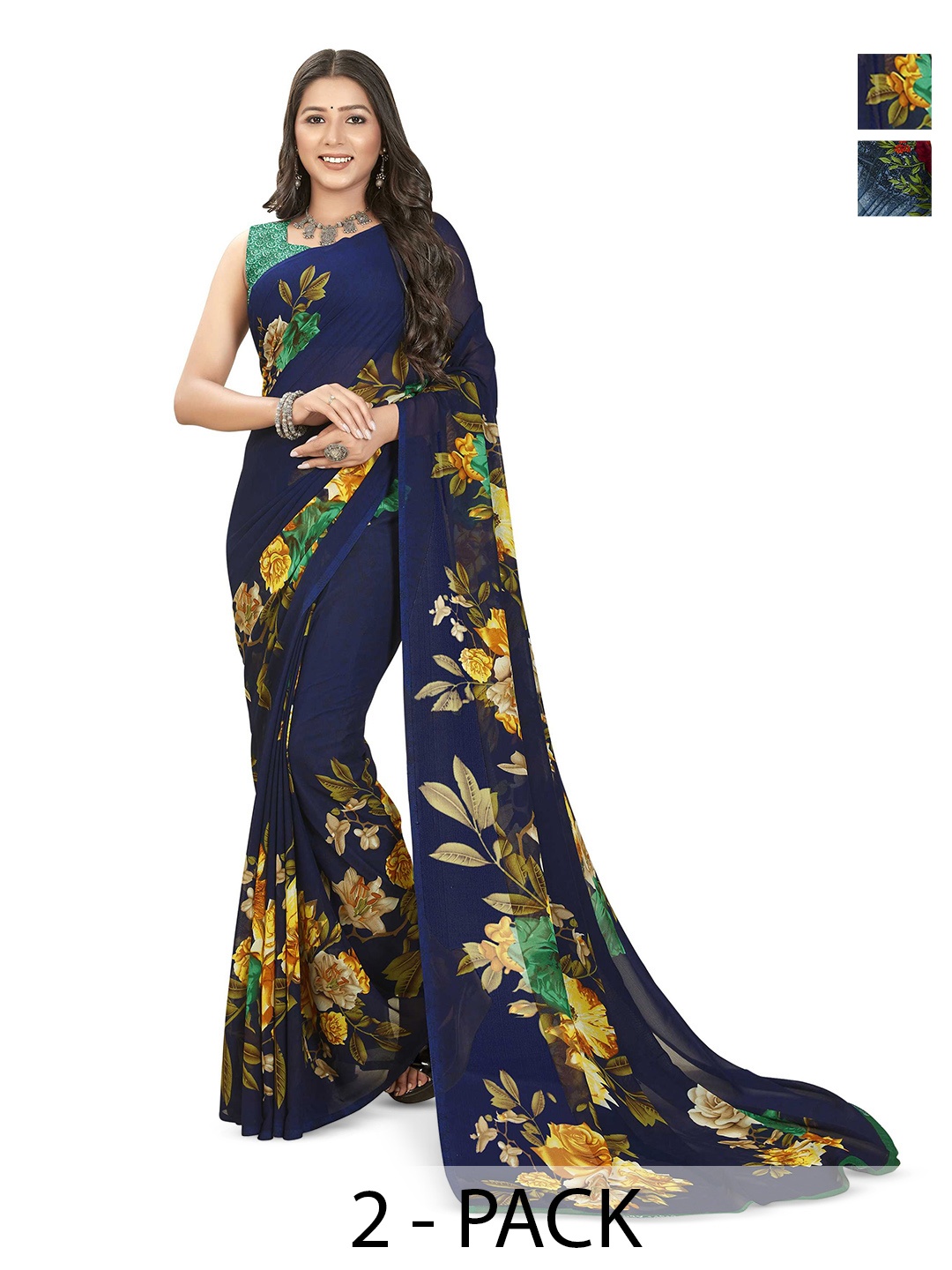 

ANAND SAREES Selection Of 2 Floral Printed Sarees, Navy blue