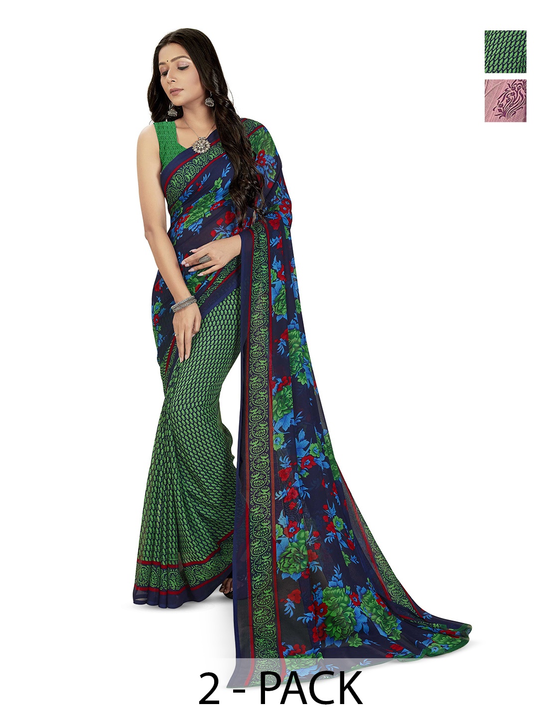 

ANAND SAREES Selection Of 2 Printed Saree, Green