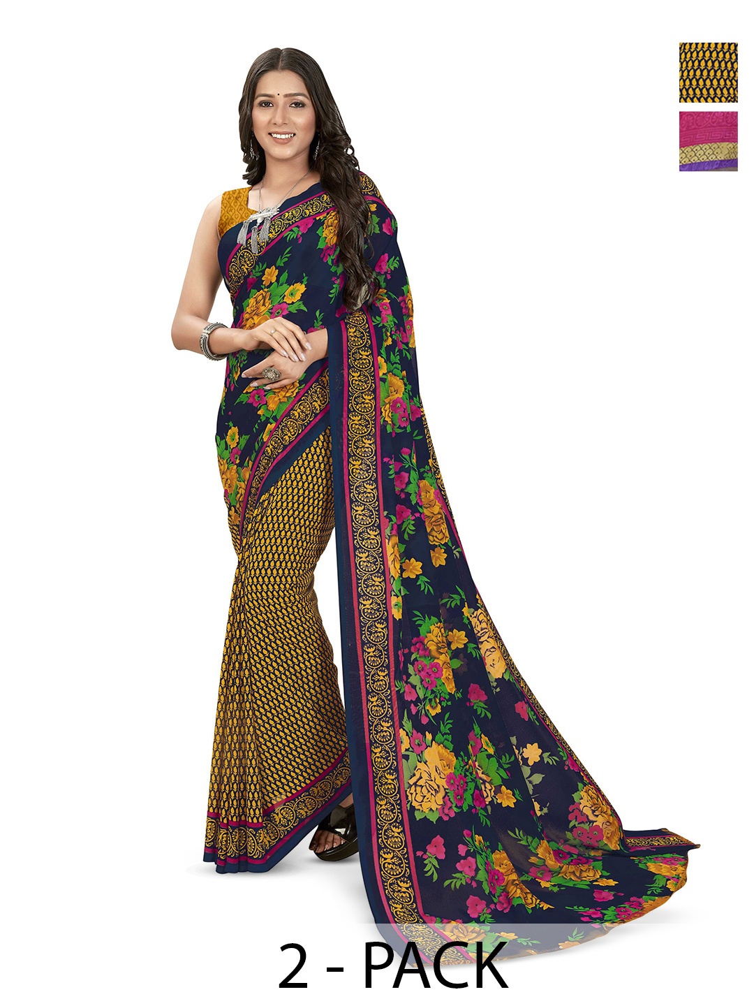 

ANAND SAREES Selection of 2 Printed Sarees, Blue