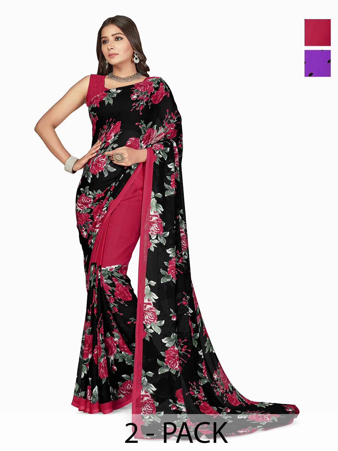 

ANAND SAREES Pack of 2 Floral Georgette Saree, Black