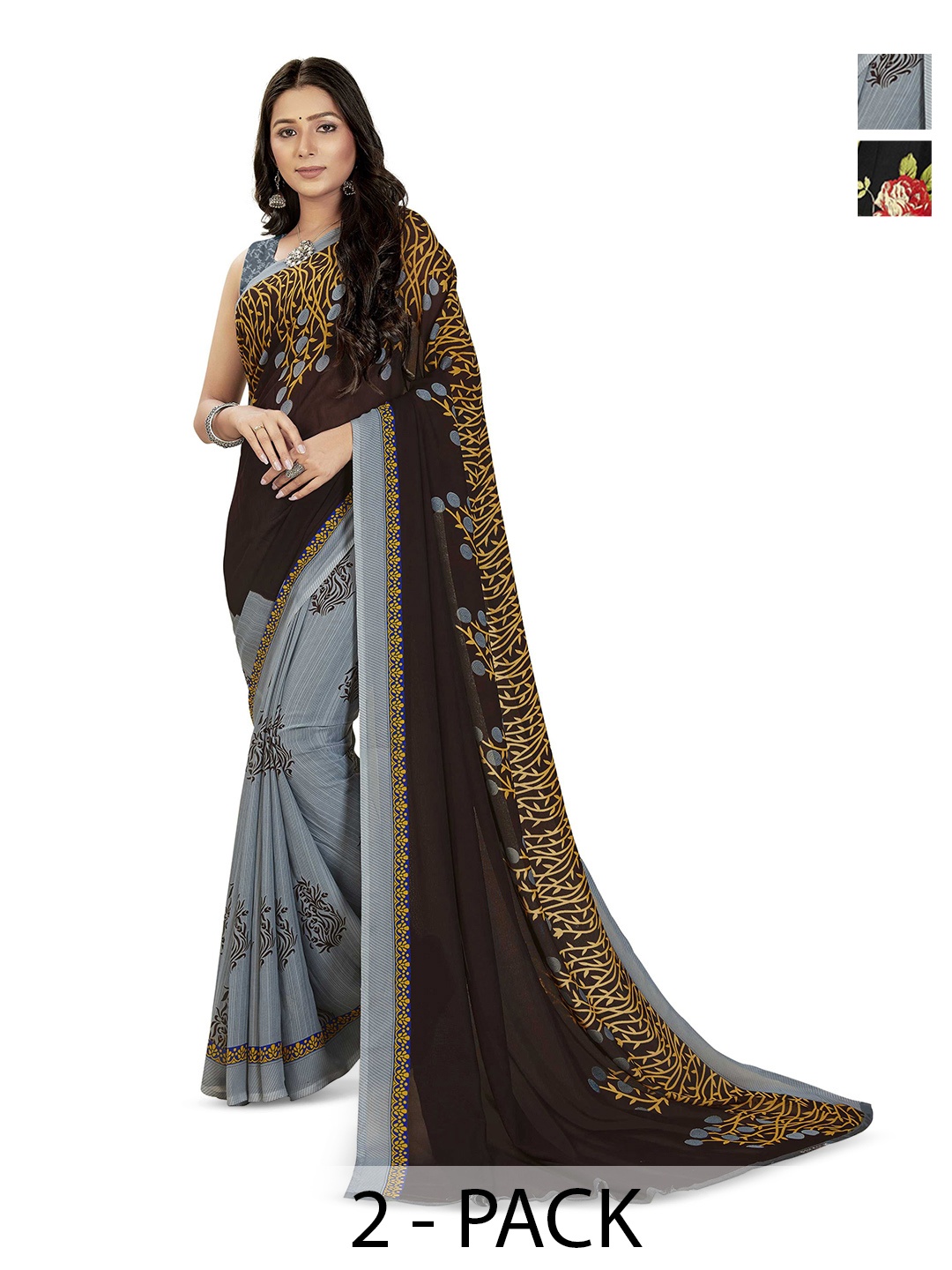 

ANAND SAREES Selection Of 2 Floral Printed Sarees, Grey