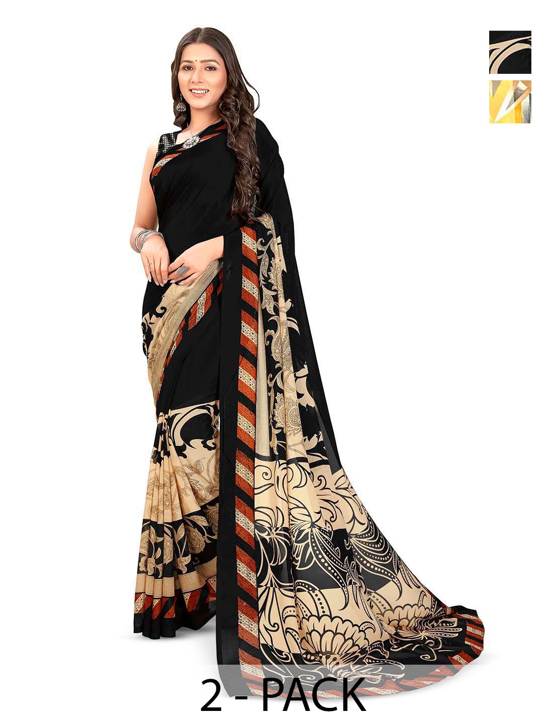 

ANAND SAREES Selection Of 2 Abstarct Printed Sarees, Black