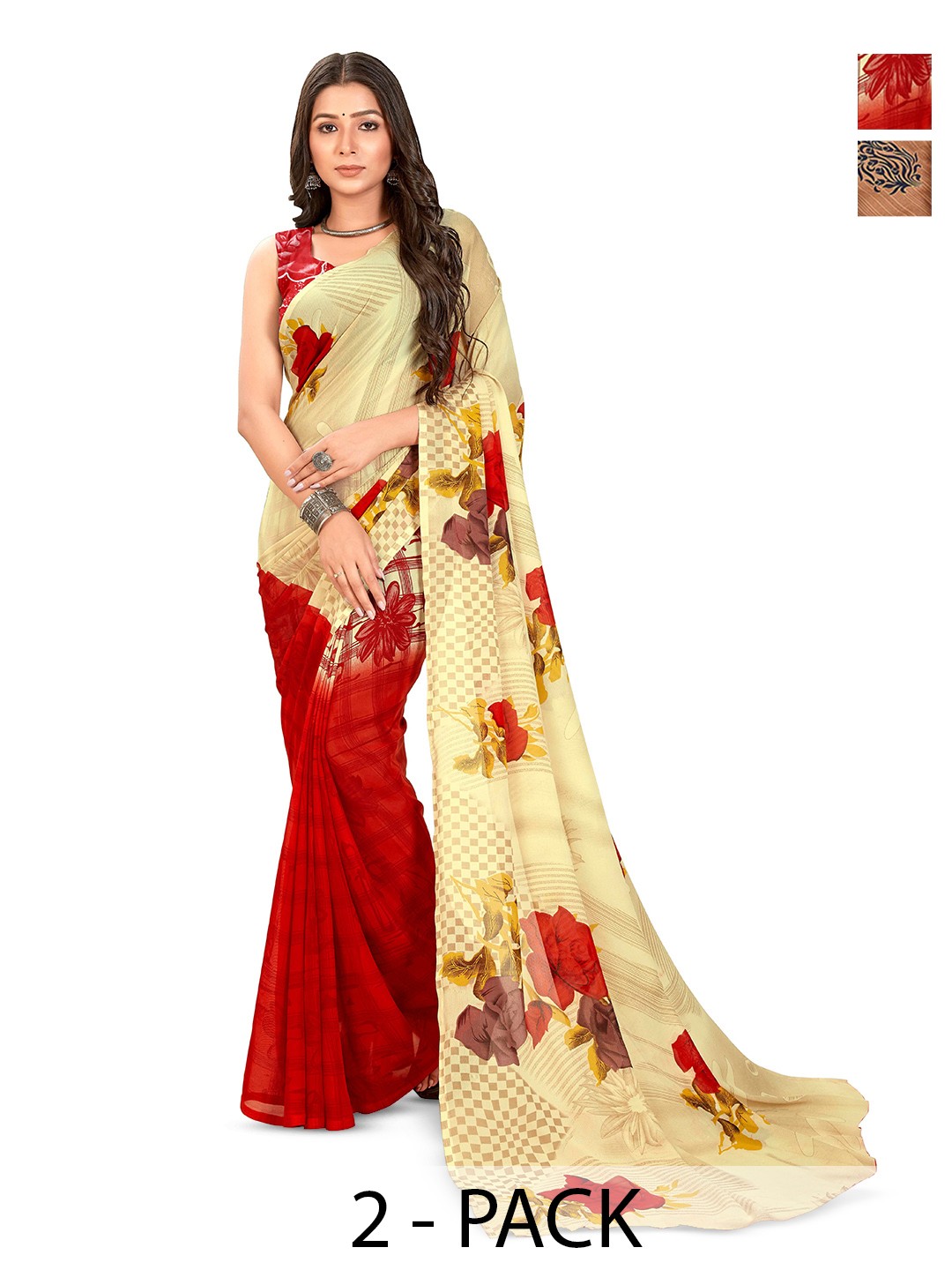 

ANAND SAREES Pack Of 2 Floral Printed Sarees, Yellow