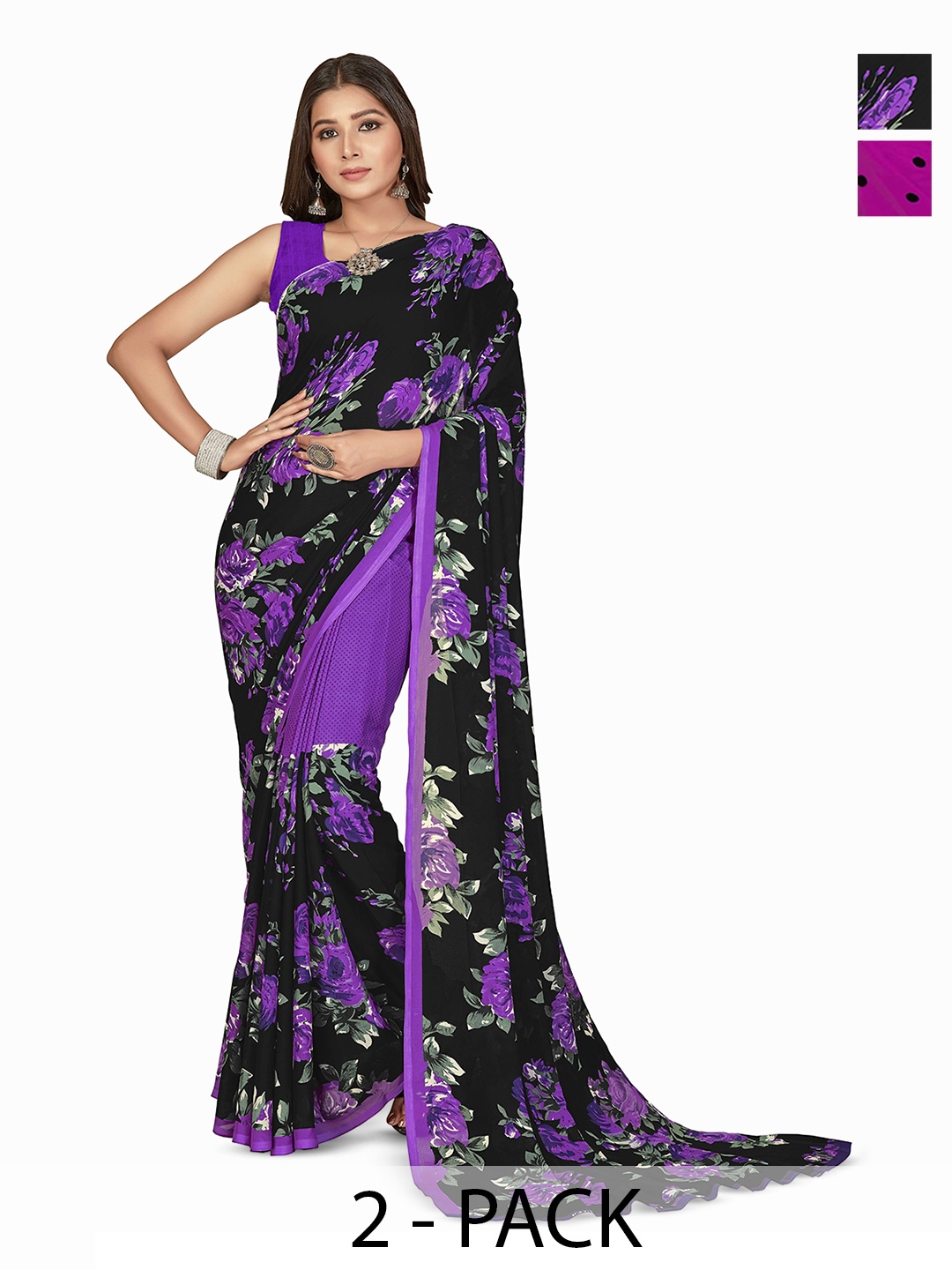 

ANAND SAREES Selection of 2 Floral Printed Sarees, Purple