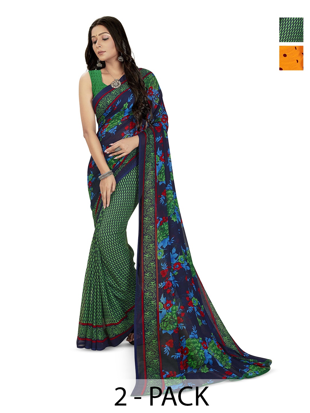 

ANAND SAREES Selection of 2 Polka Dot Printed Sarees, Red