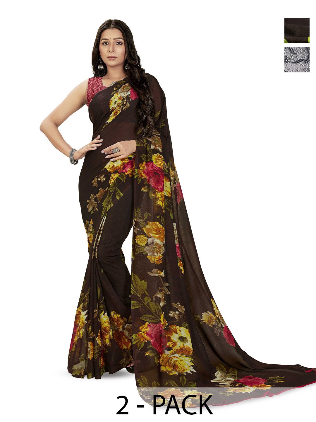 

ANAND SAREES Selection Of 2 Printed Sarees, Black