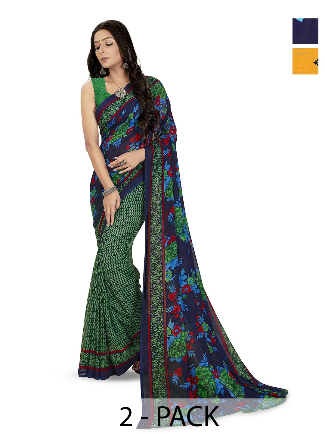 

ANAND SAREES Selection Of 2 Floral Printed Sarees, Green