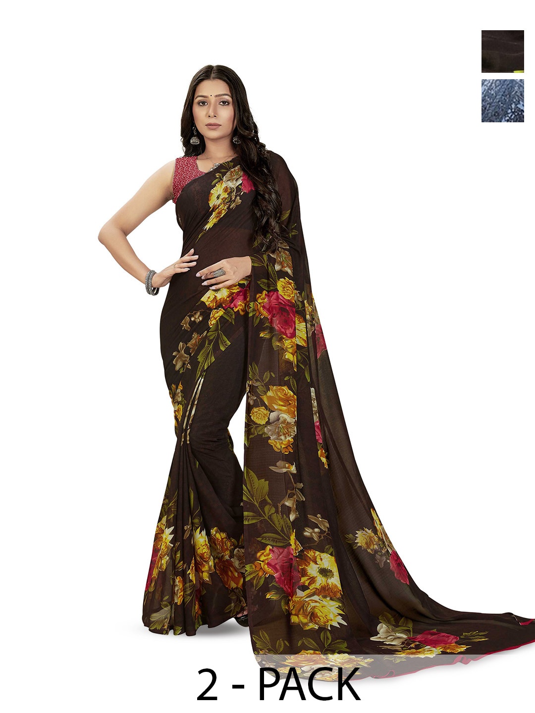 

ANAND SAREES Selection Of 2 Printed Saree, Black