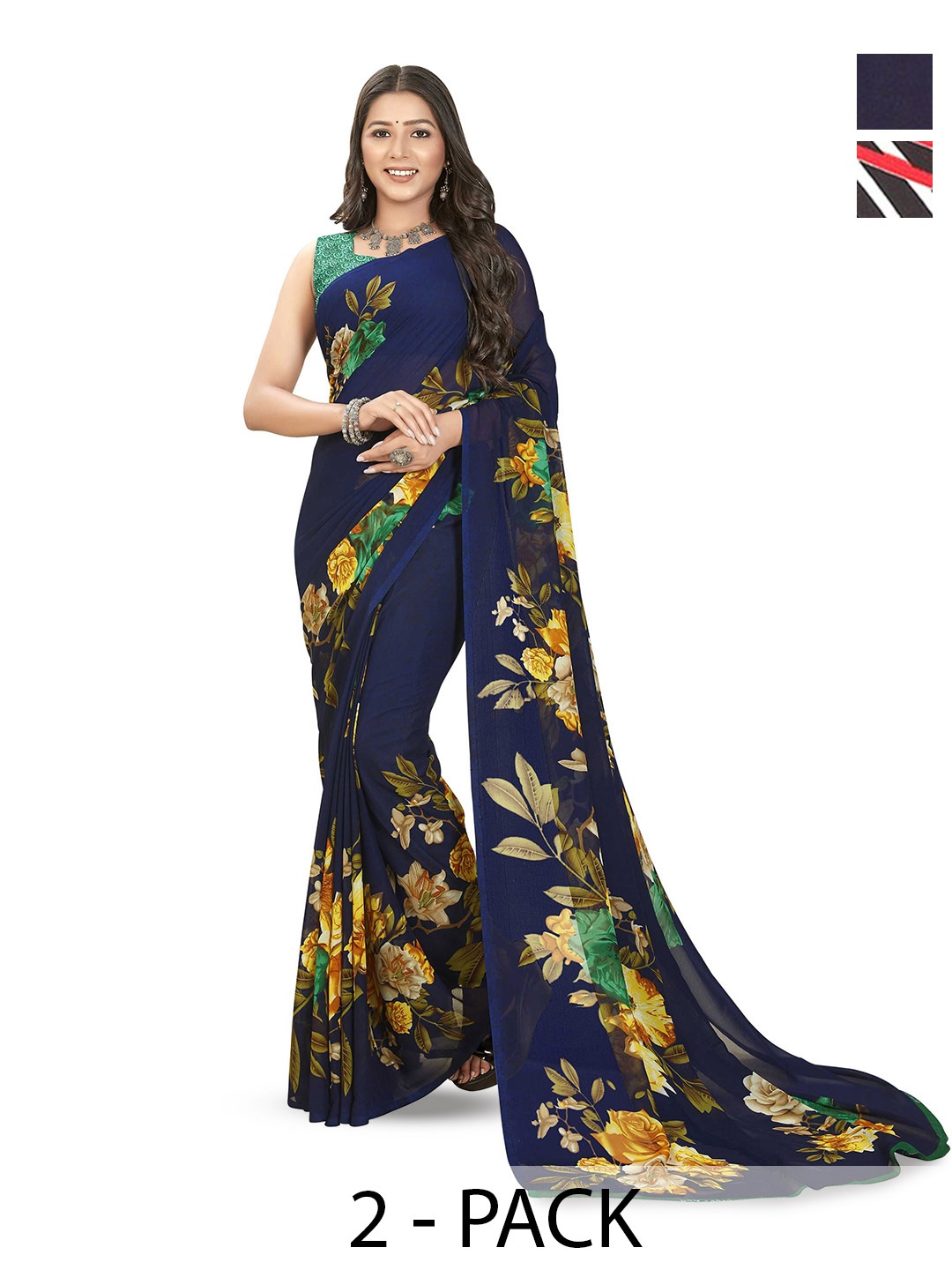 

ANAND SAREES Selection Of 2 Floral Printed Sarees, Blue