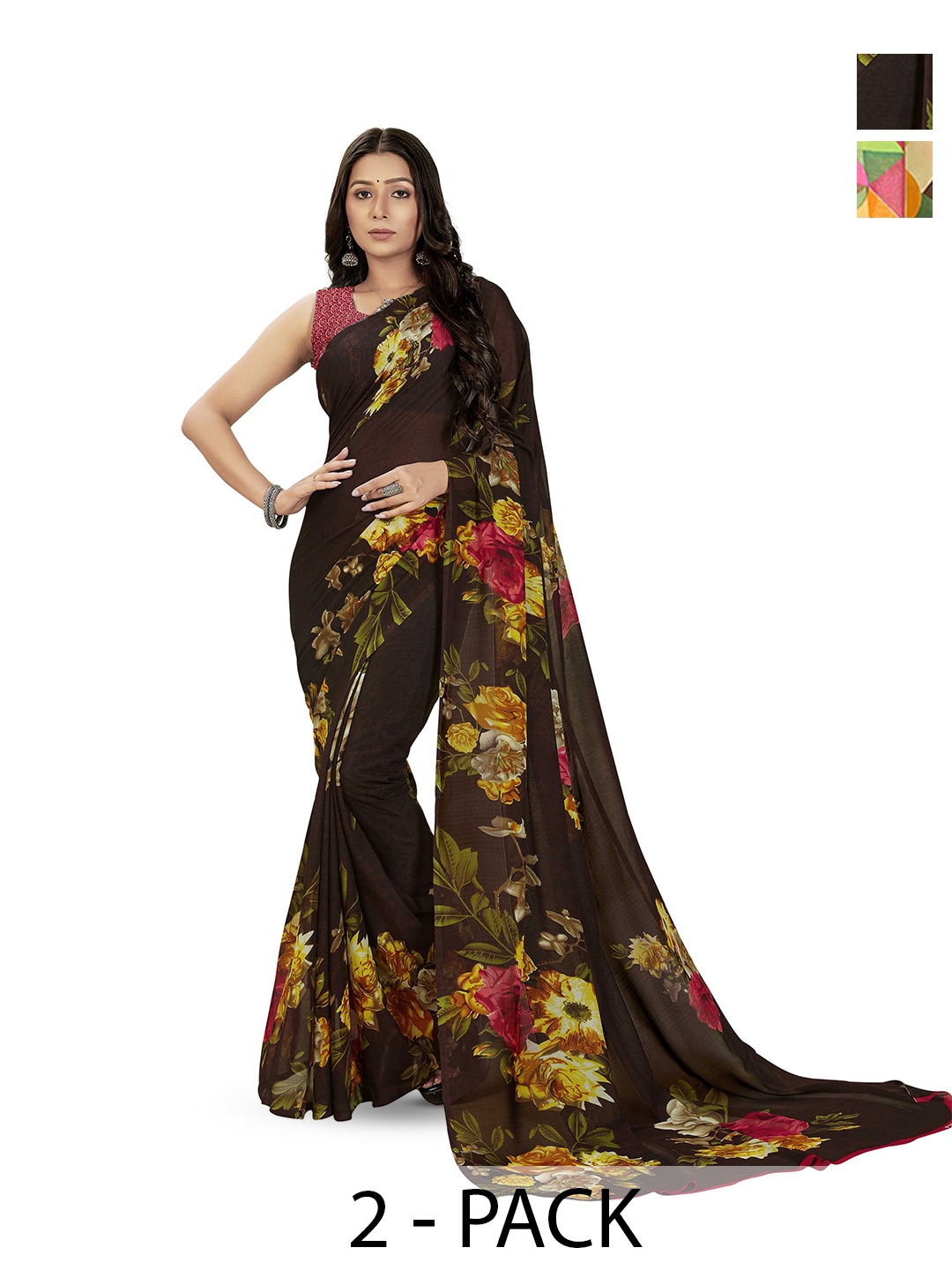 

ANAND SAREES Selection Of 2 Floral Printed Sarees, Yellow