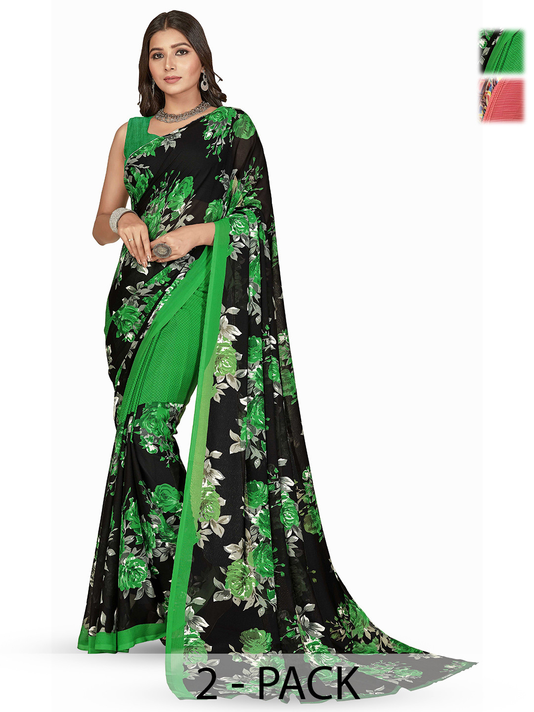 

ANAND SAREES Selection of 2 Floral Printed Saree, Black