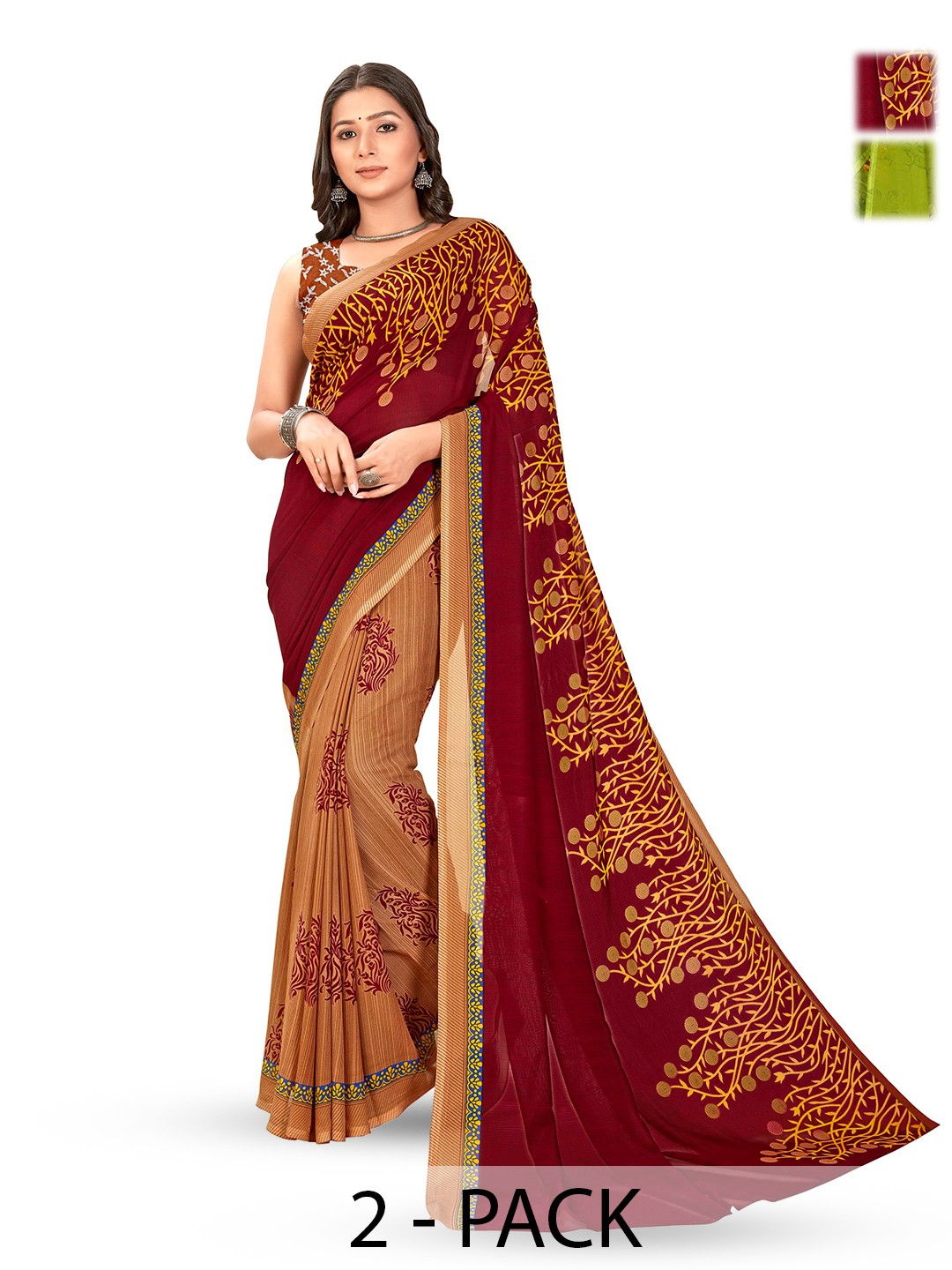 

ANAND SAREES Pack of 2 Floral Georgette Saree, Green