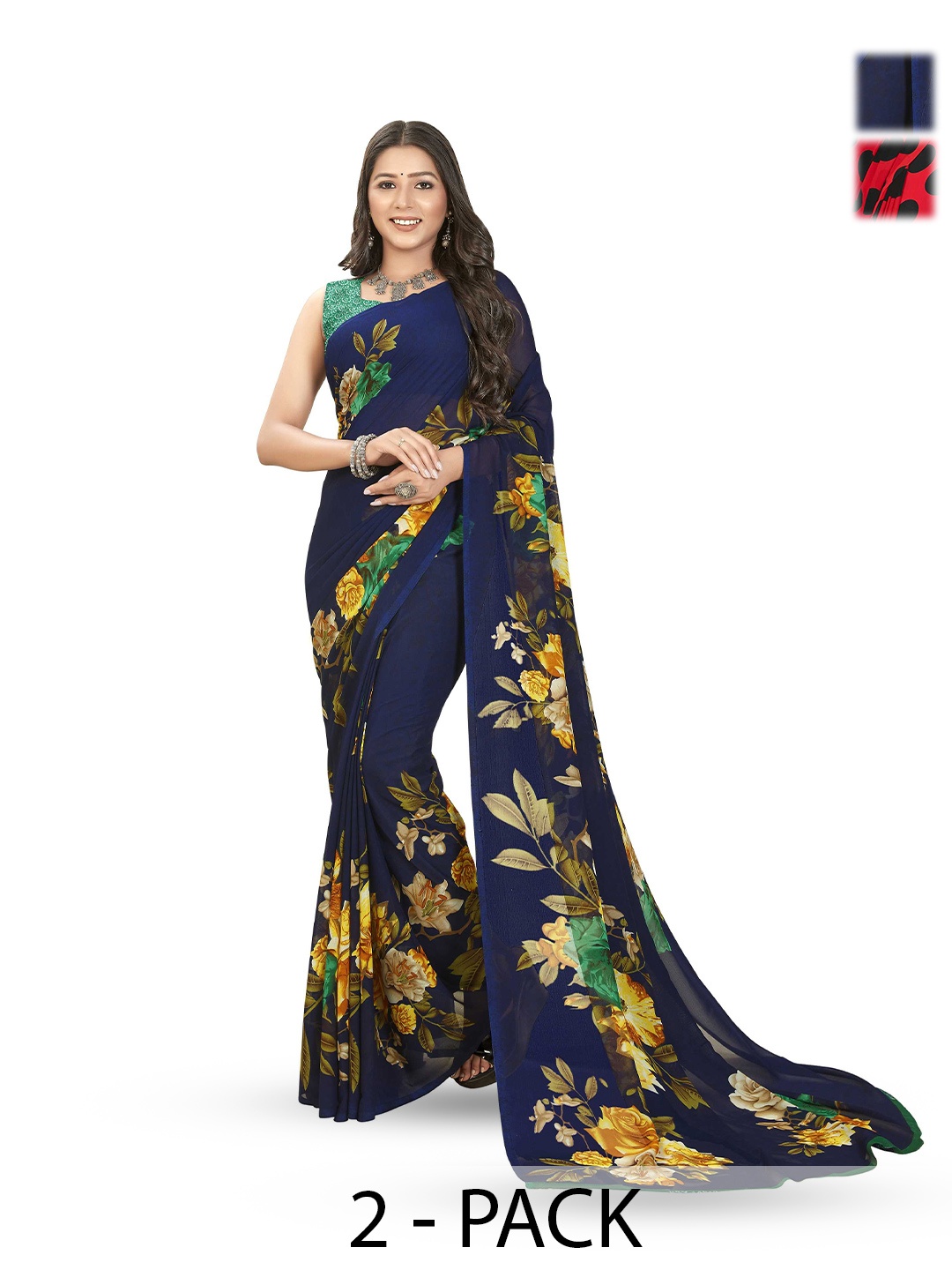 

ANAND SAREES Selection Of 2 Floral Printed Sarees, Blue