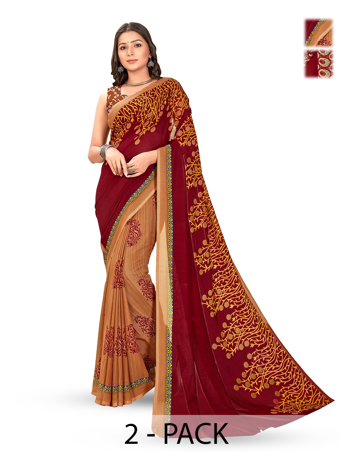 

ANAND SAREES Selection of 2 Floral Printed Saree, Maroon