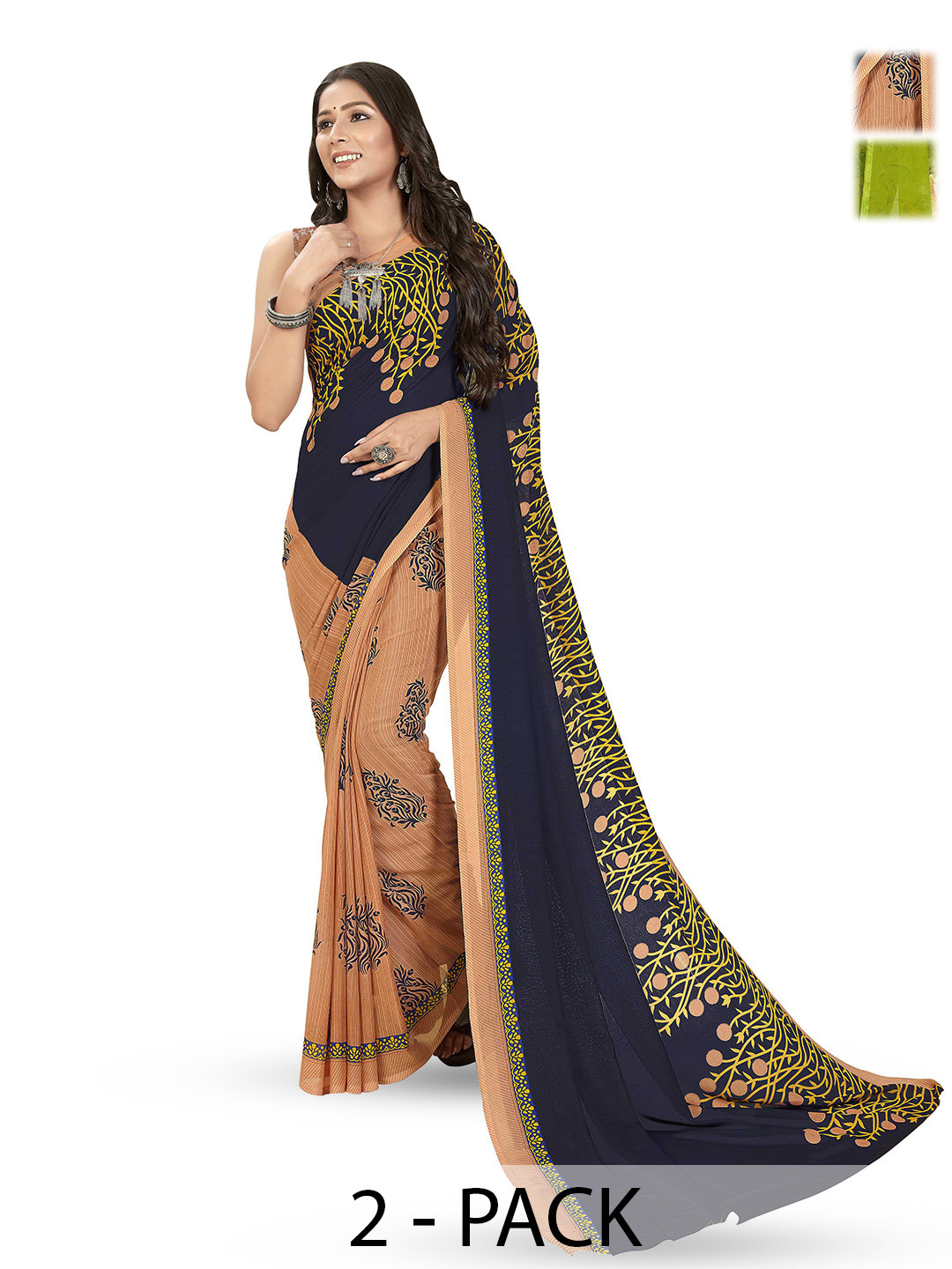

ANAND SAREES Selection Of 2 Floral Printed Sarees, Green