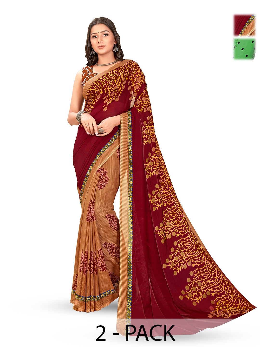 

ANAND SAREES Pack of 2 Polka Dot Georgette Saree, Red