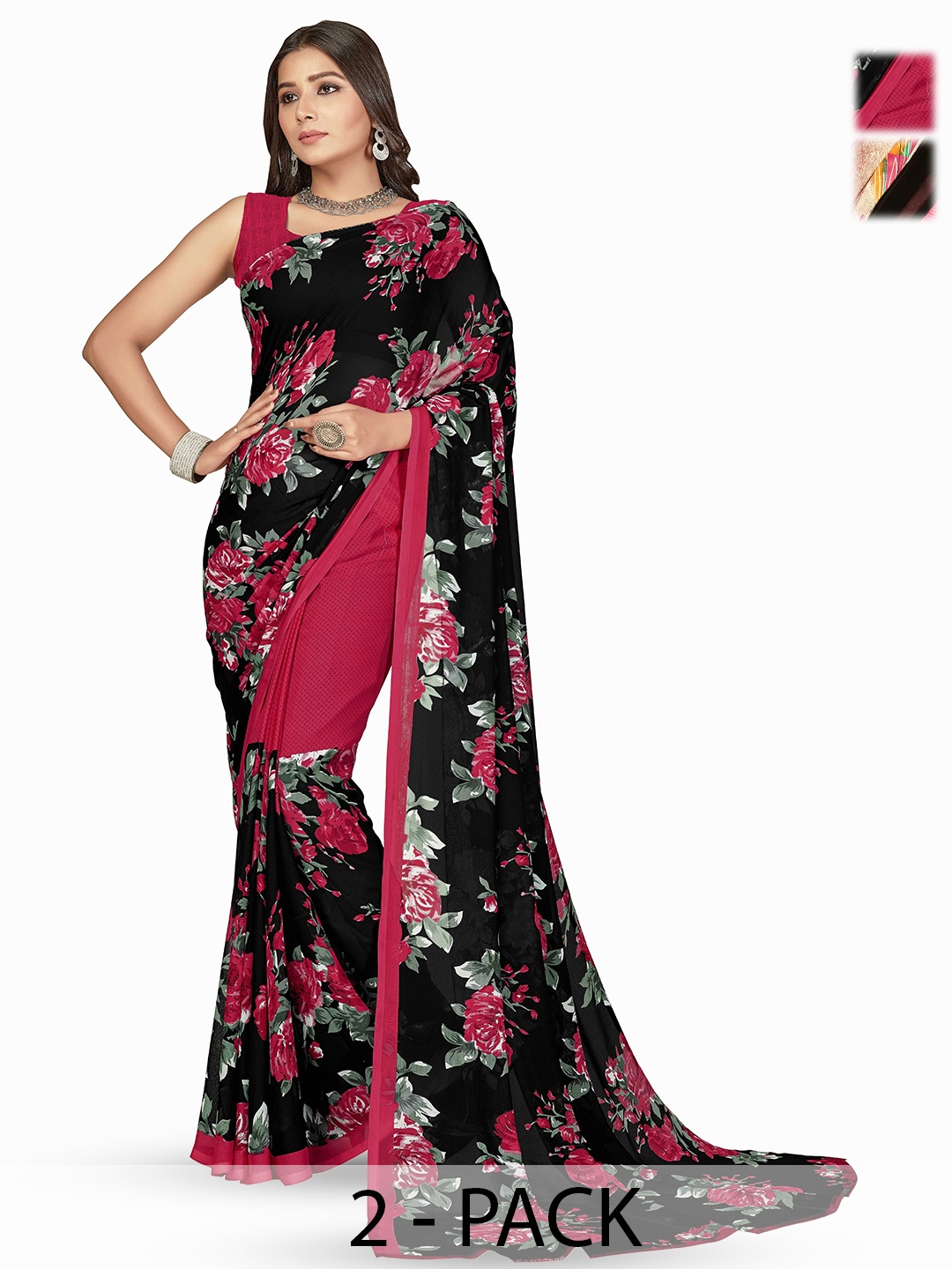 

ANAND SAREES Pack of 2 Floral Printed Sarees, Black