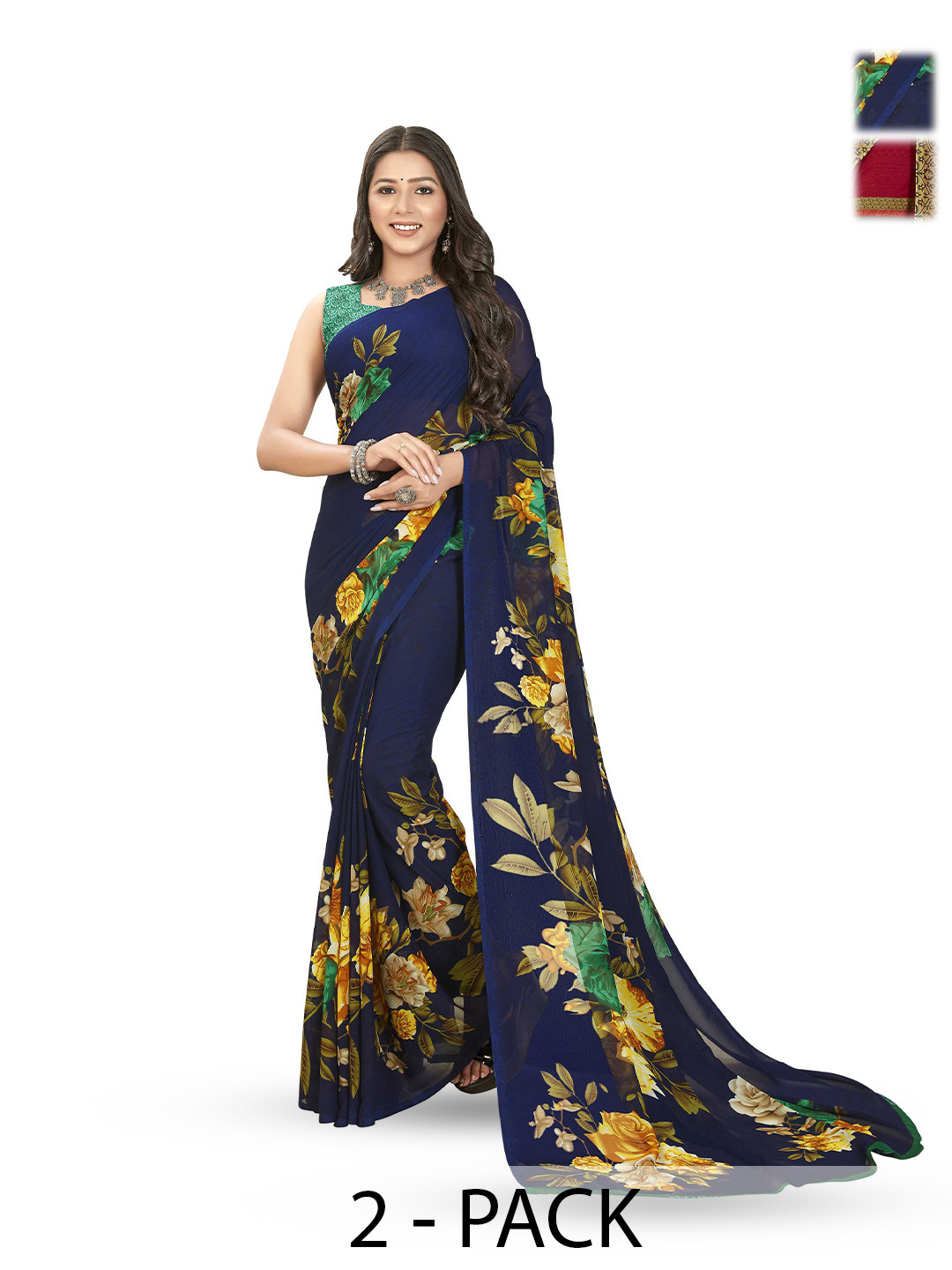 

ANAND SAREES Selection Of 2 Printed Saree, Navy blue