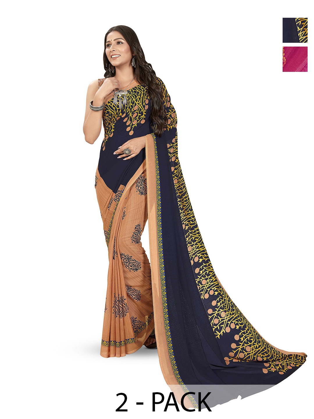 

ANAND SAREES Selection Of 2 Floral Printed Saree, Navy blue