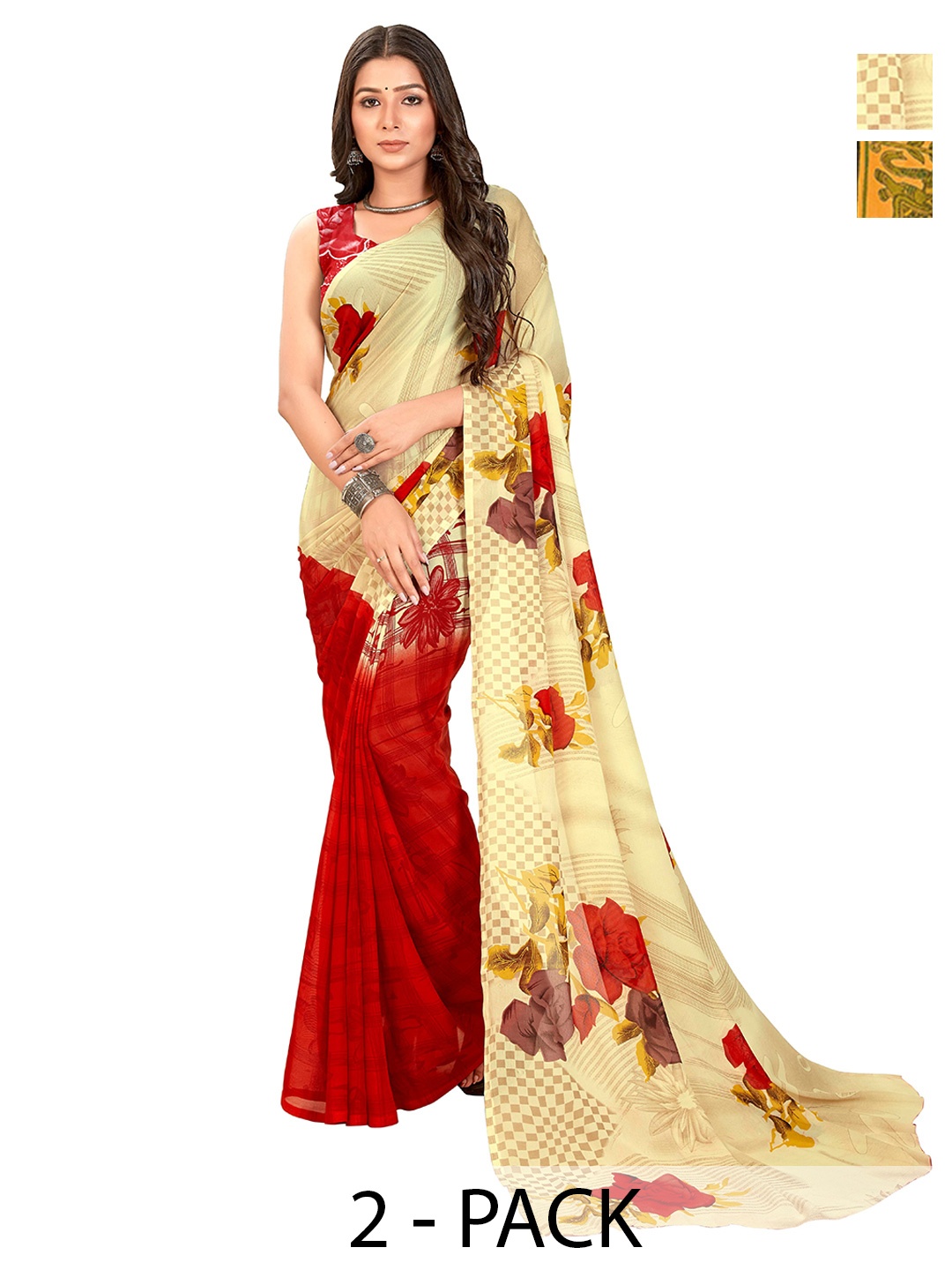 

ANAND SAREES Selection Of 2 Printed Sarees, Cream