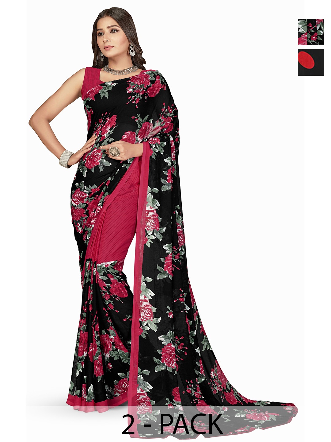 

ANAND SAREES Selection Of 2 Floral Printed Sarees, Black